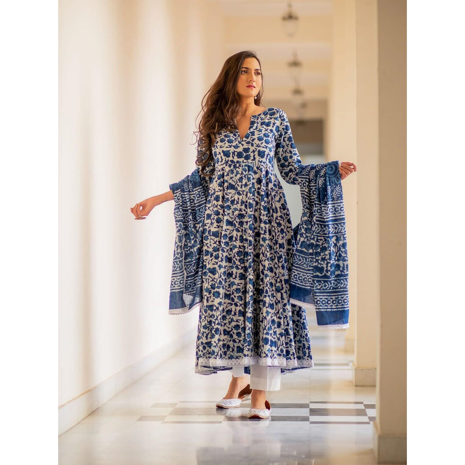 ANNI DESIGNER Women's Rayon Blend Anarkali Printed Kurta with Pant & Dupatta (YUTIKA Blue_M_Blue_Medium)