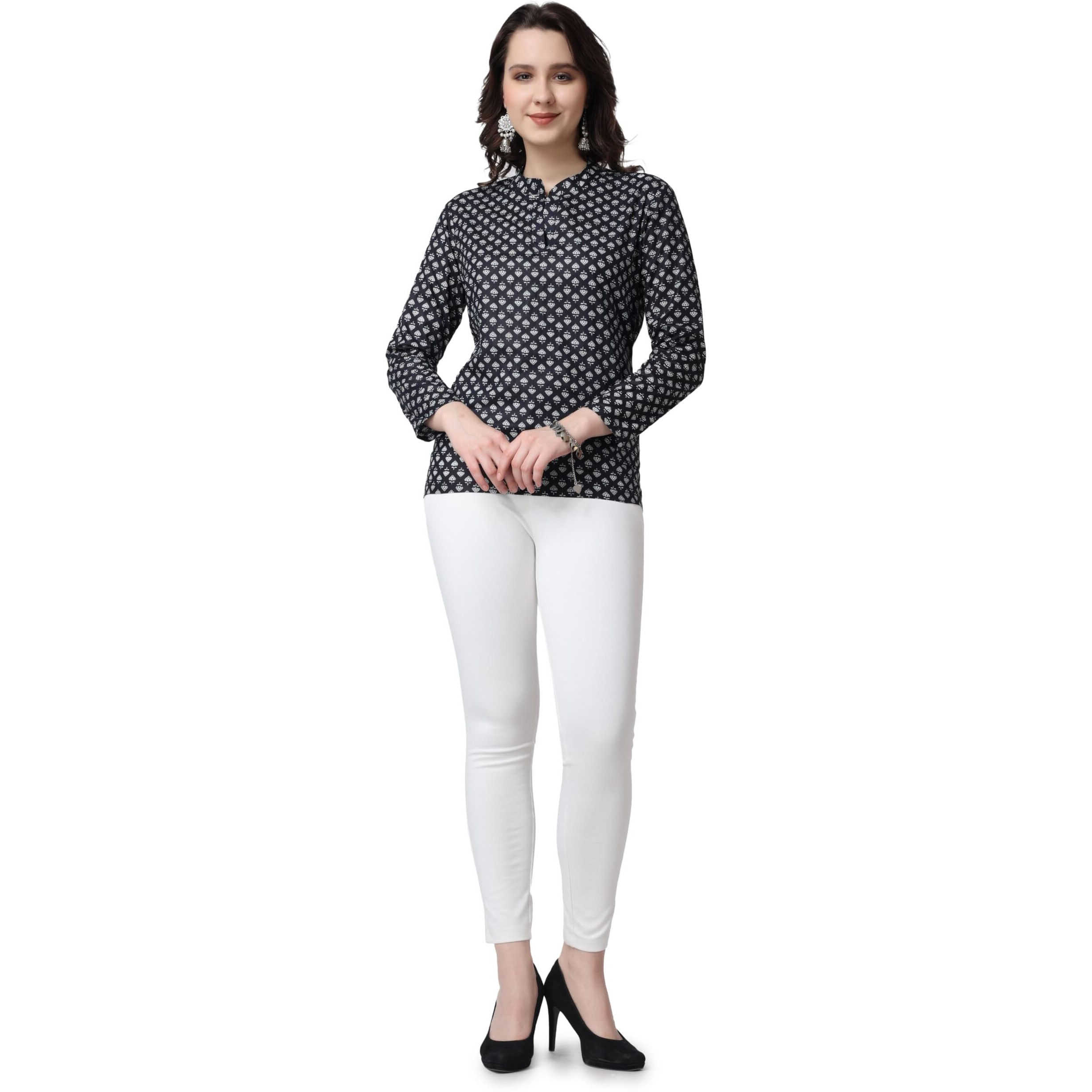 POPWINGS Women Casual Pure Cotton Black & White Booti Printed Short Kurta | Women Short Kurta | Women Printed Short Kurti