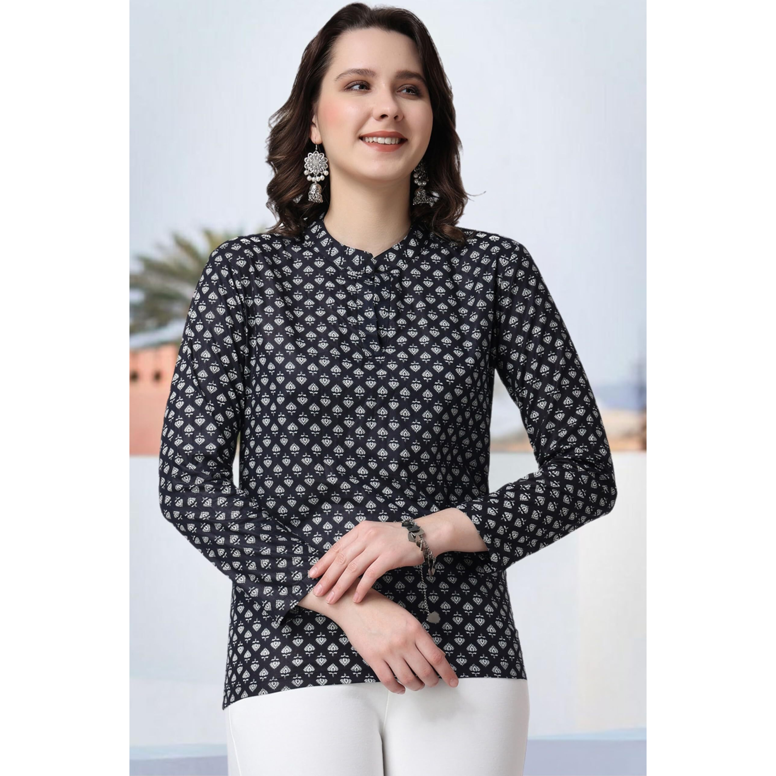 POPWINGS Women Casual Pure Cotton Black & White Booti Printed Short Kurta | Women Short Kurta | Women Printed Short Kurti