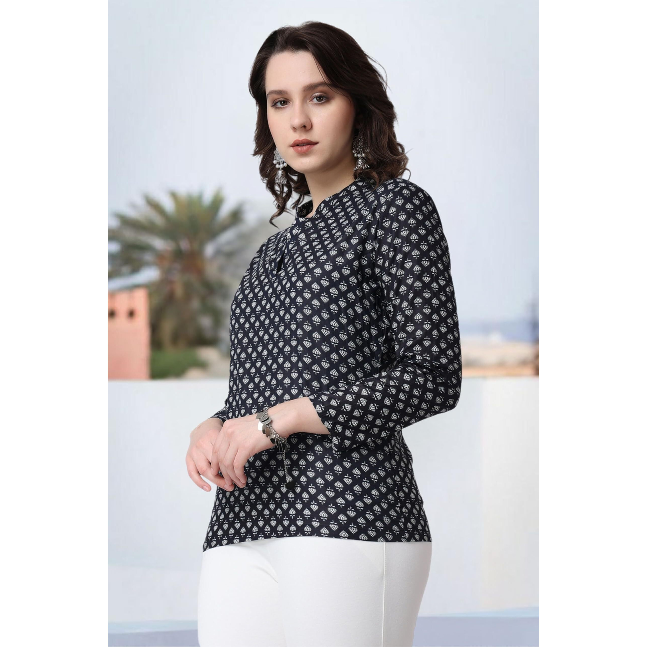 POPWINGS Women Casual Pure Cotton Black & White Booti Printed Short Kurta | Women Short Kurta | Women Printed Short Kurti
