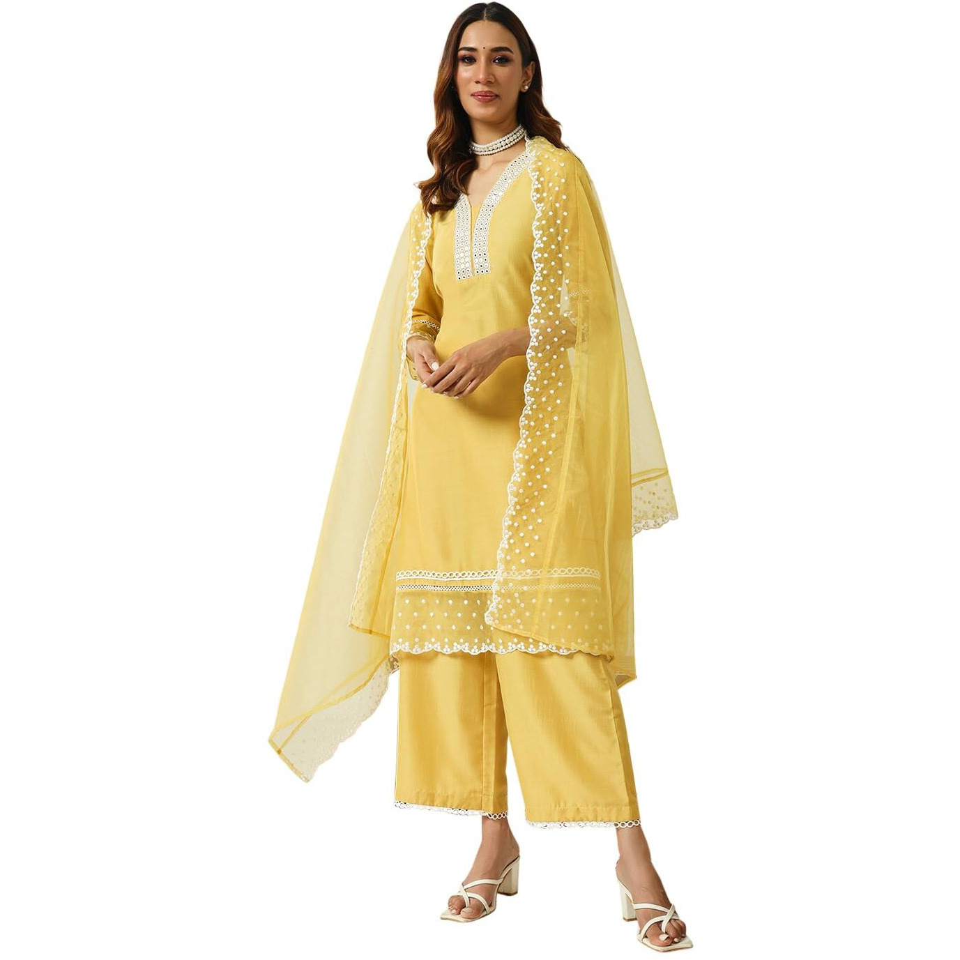 FIORRA Women's Yellow Silk Blend Streight Kurta and Palazzo with Embroidered Dupatta SET0155