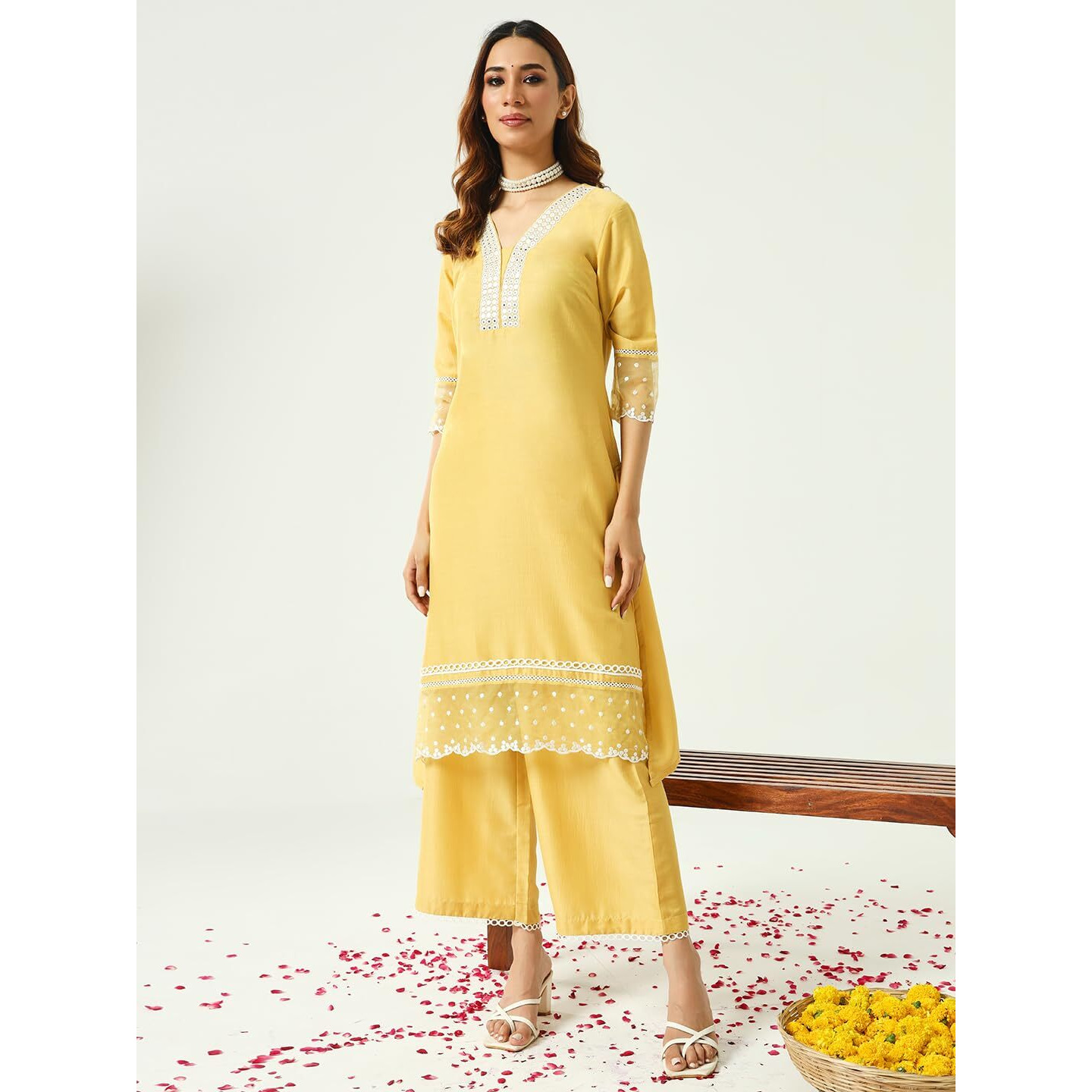 FIORRA Women's Yellow Silk Blend Streight Kurta and Palazzo with Embroidered Dupatta SET0155