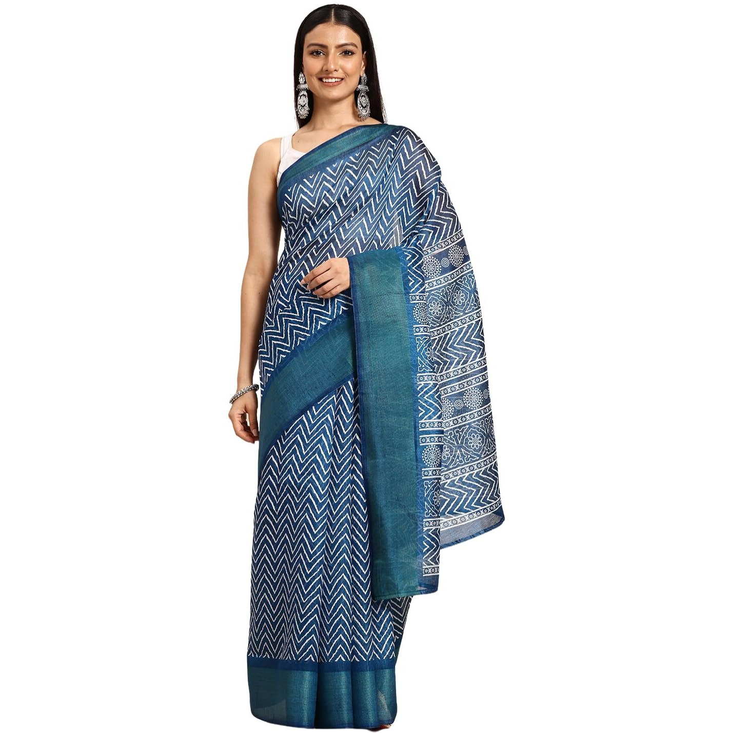 Shiv Textiles Poly Cotton Leheriya Floral Print Saree For Women With Unstitched Blouse (ST-9660-BLUE)