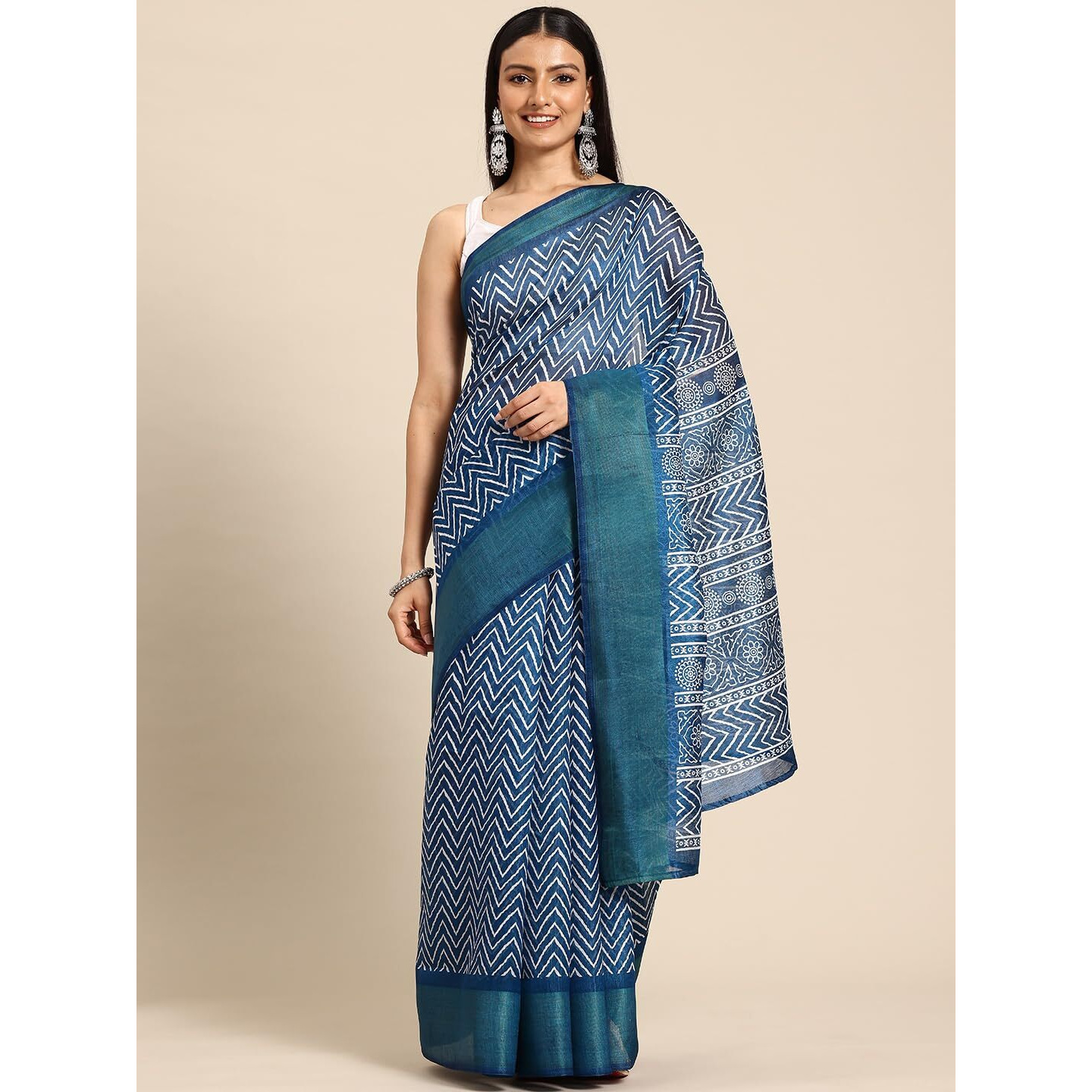 Shiv Textiles Poly Cotton Leheriya Floral Print Saree For Women With Unstitched Blouse (ST-9660-BLUE)