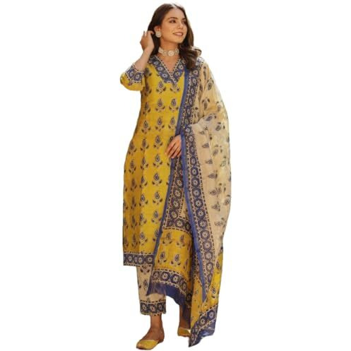ANNI DESIGNER Women's Cotton Blend Straight Printed Kurta with Pant & Dupatta (Uchiha Mustard_XL_Mustard_X-Large)