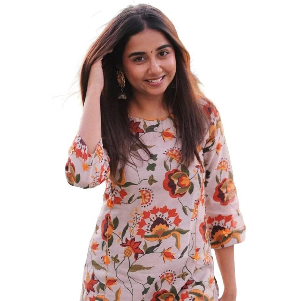Modestouze Attires Women's Floral Printed Knee Length 3/4 Length Regular Sleeves Round Neck Kurta and Pant Set for Office Wear, Casual Wear, Regular Wear White