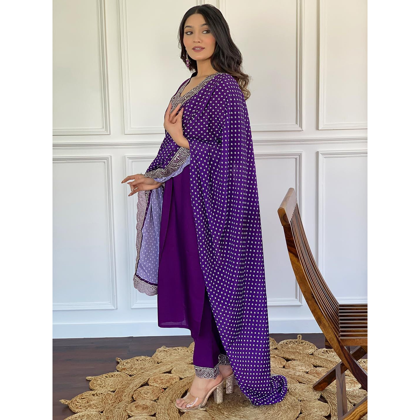 Naixa Women's Wine Viscose Embroidered Flared Kurta with Viscose Pant and Silk Blend Printed Dupatta Sets (NX-457-Wine-Parent-XL)
