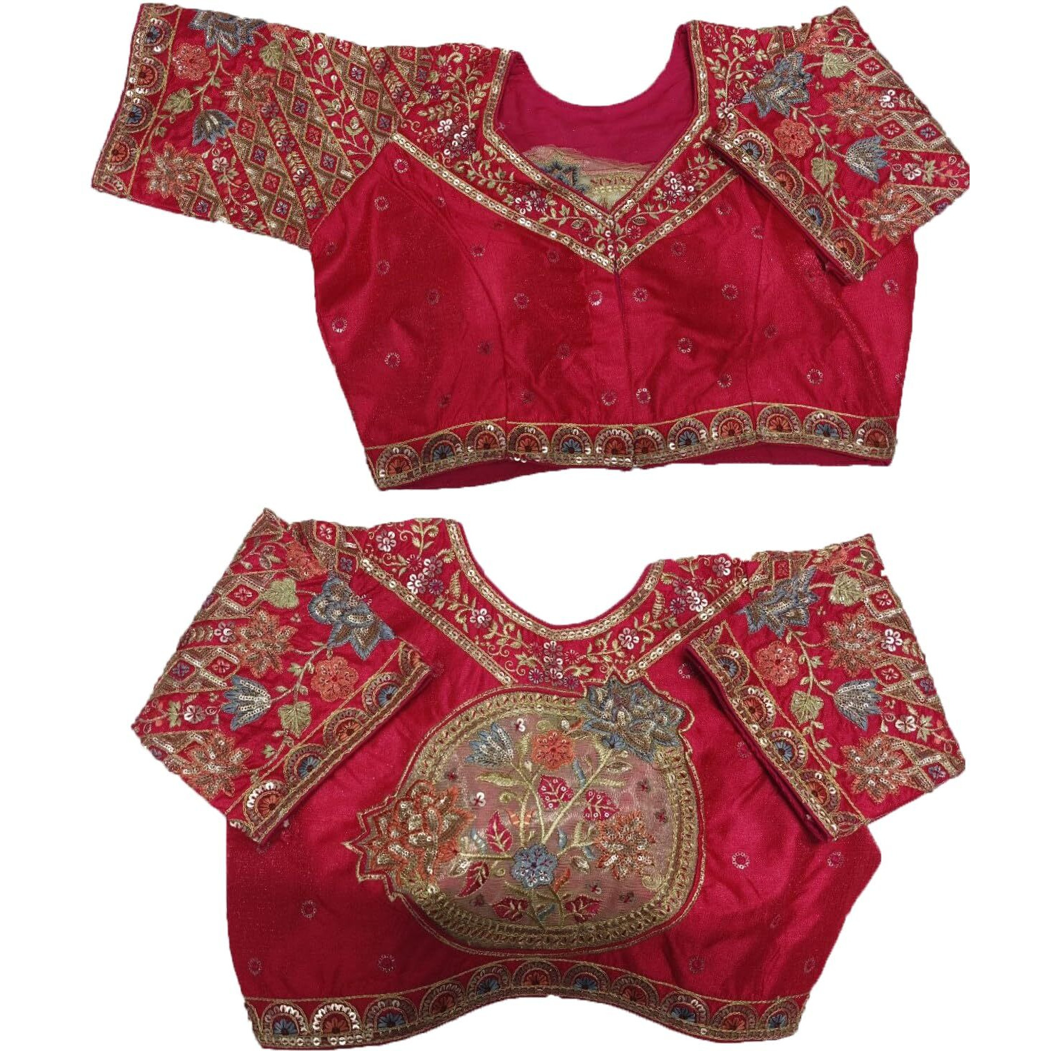 Pujia Mills Women's Readymade Ethnic Wear Golden Codding with Multi Embroidery Sequence Work Sweetheart Neck Half Sleeve Readymade Bridal Pink Saree Blouse Readymade Net Cutwork Blouse for Lehenga