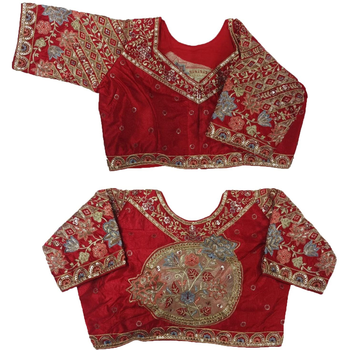 Pujia Mills Women's Readymade Ethnic Wear Golden Codding with Multi Embroidery Sequence Work Sweetheart Neck Half Sleeve Readymade Bridal Red Saree Blouse Readymade Net Cutwork Blouse for Lehenga