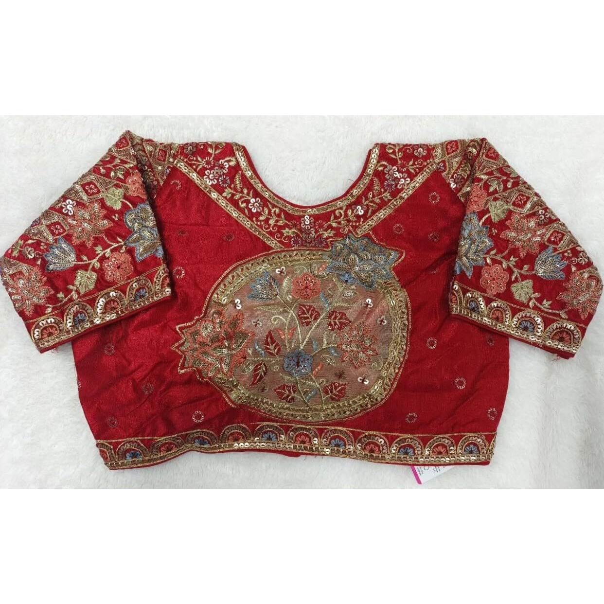 Pujia Mills Women's Readymade Ethnic Wear Golden Codding with Multi Embroidery Sequence Work Sweetheart Neck Half Sleeve Readymade Bridal Red Saree Blouse Readymade Net Cutwork Blouse for Lehenga