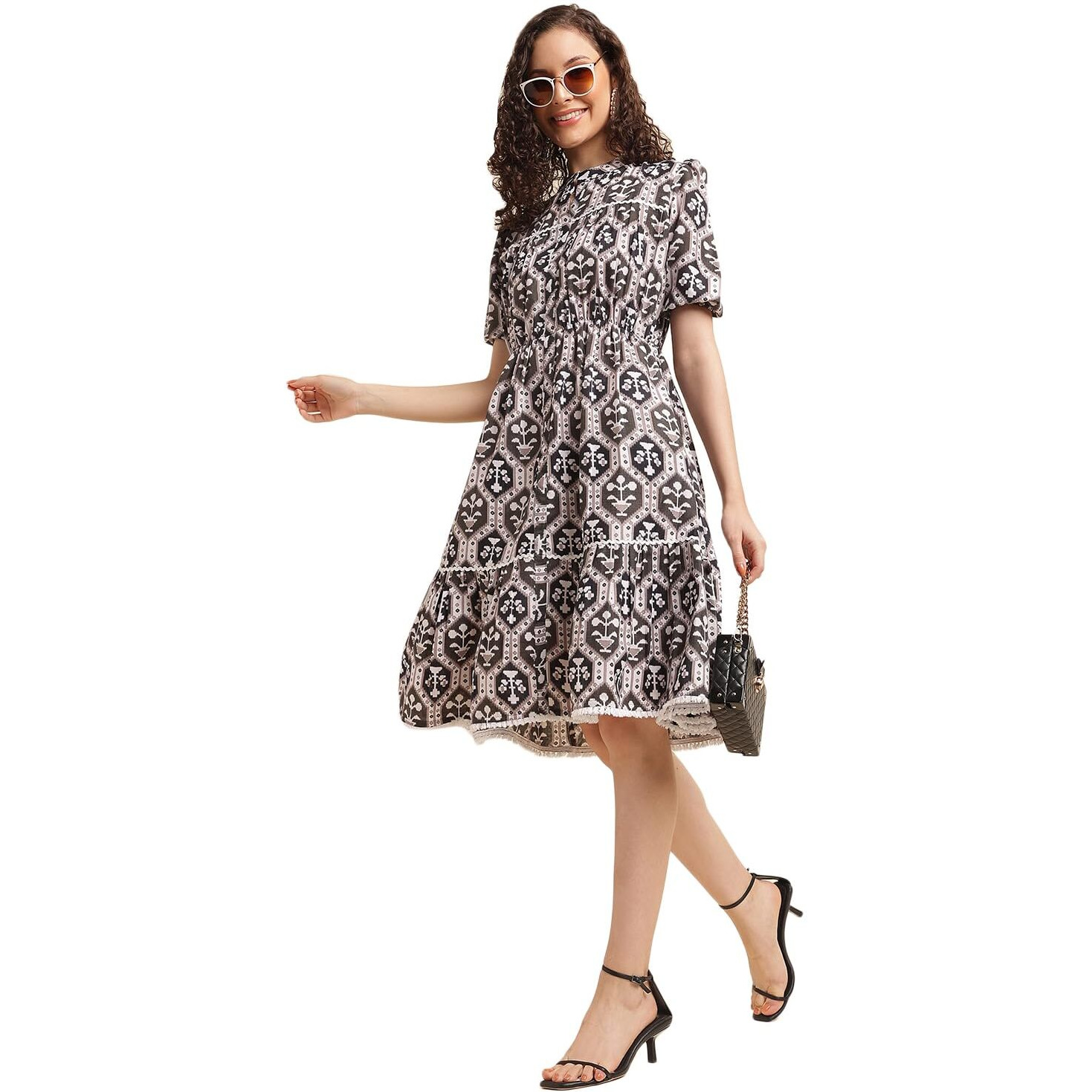 NAINVISH Women's Cotton Blend Mandarin Neck Regular Flared Printed Kurta (SD508_K-XXL_Brown)