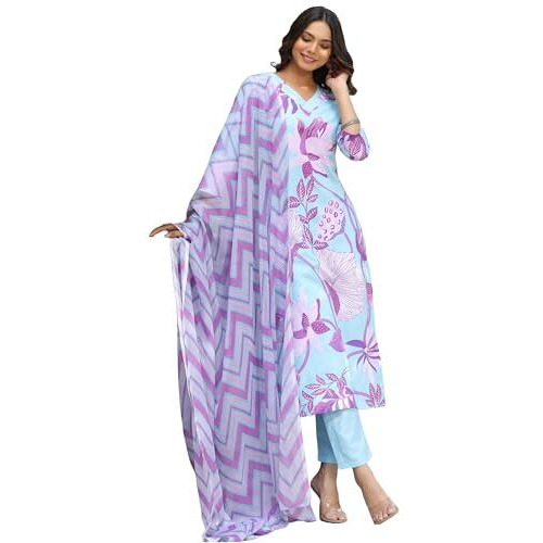 ANNI DESIGNER Women's Cotton Blend Straight Printed Kurta with Pant & Dupatta (Sohini Light Blue_S_Light Blue_Small)