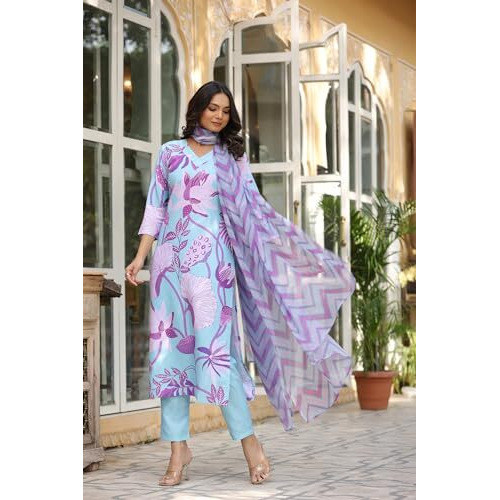 ANNI DESIGNER Women's Cotton Blend Straight Printed Kurta with Pant & Dupatta (Sohini Light Blue_S_Light Blue_Small)