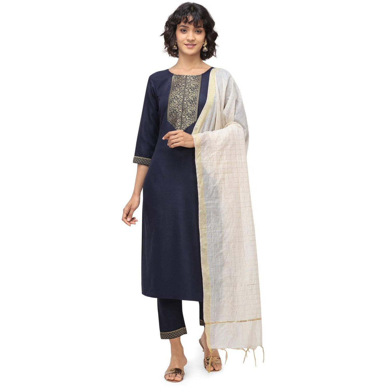 NAINVISH Women's Cotton Blend A-Line Embellished Kurti Pant with Dupatta (SD095-S_Navy Blue)