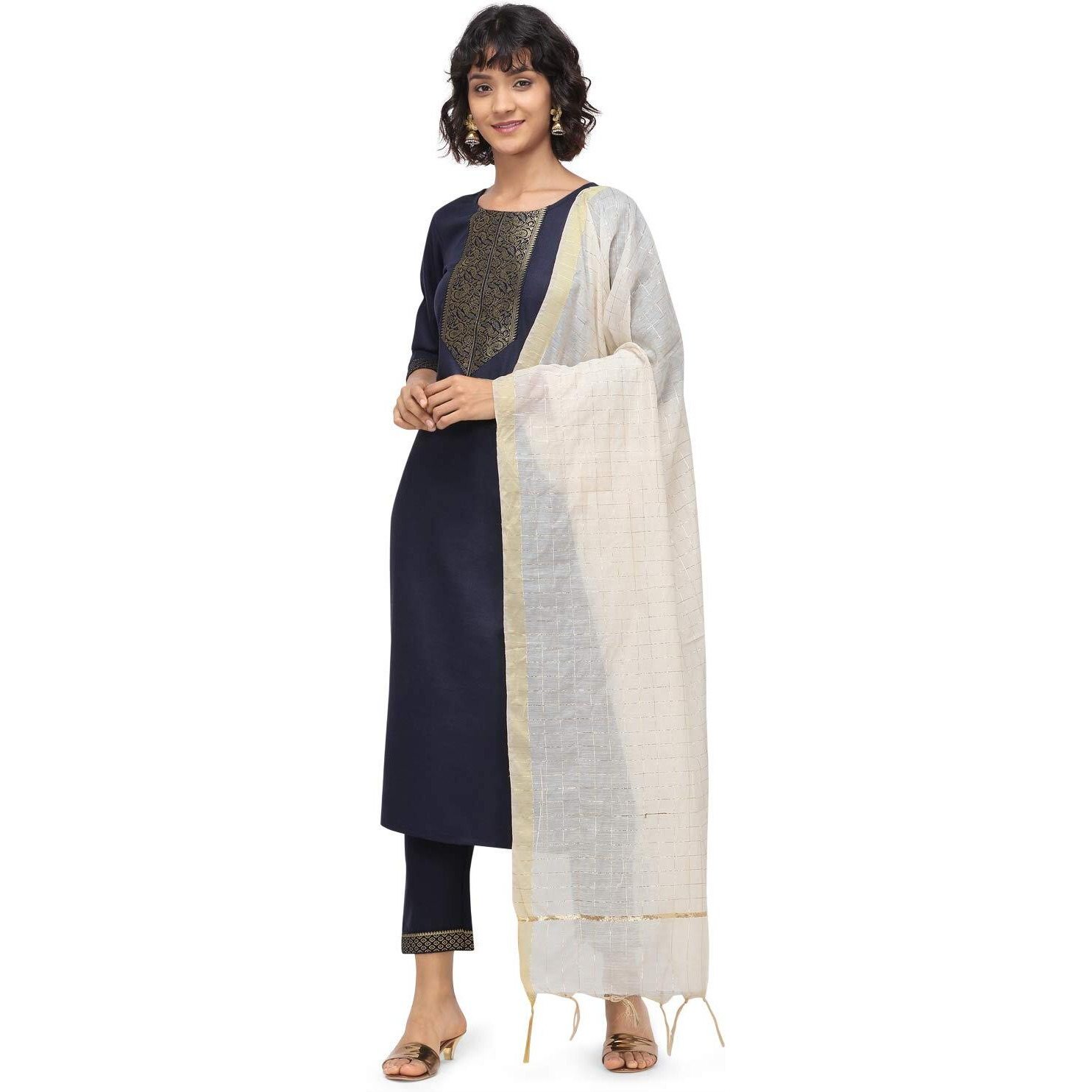 NAINVISH Women's Cotton Blend A-Line Embellished Kurti Pant with Dupatta (SD095-S_Navy Blue)