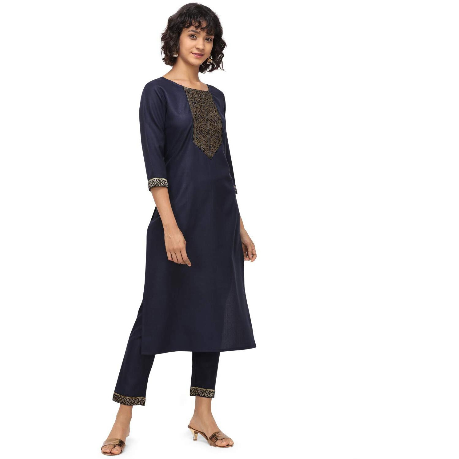 NAINVISH Women's Cotton Blend A-Line Embellished Kurti Pant with Dupatta (SD095-S_Navy Blue)
