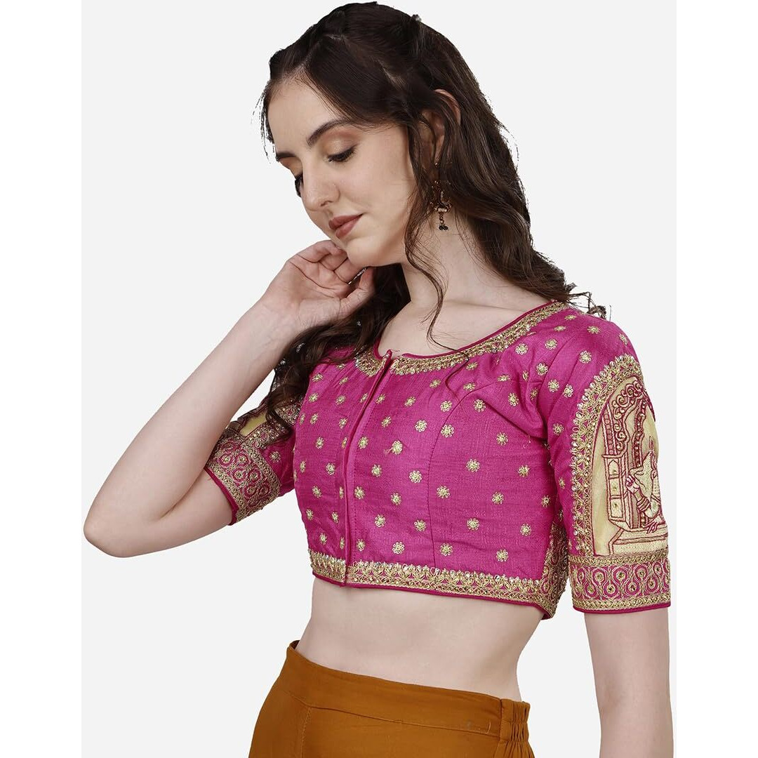 Vihu Fashion Women's Heavy Embroidery Coding with Sequins and Diamond Work Half Sleeves Fancy Cutwork Readymade Saree Blouse.(Palace Pink_38)