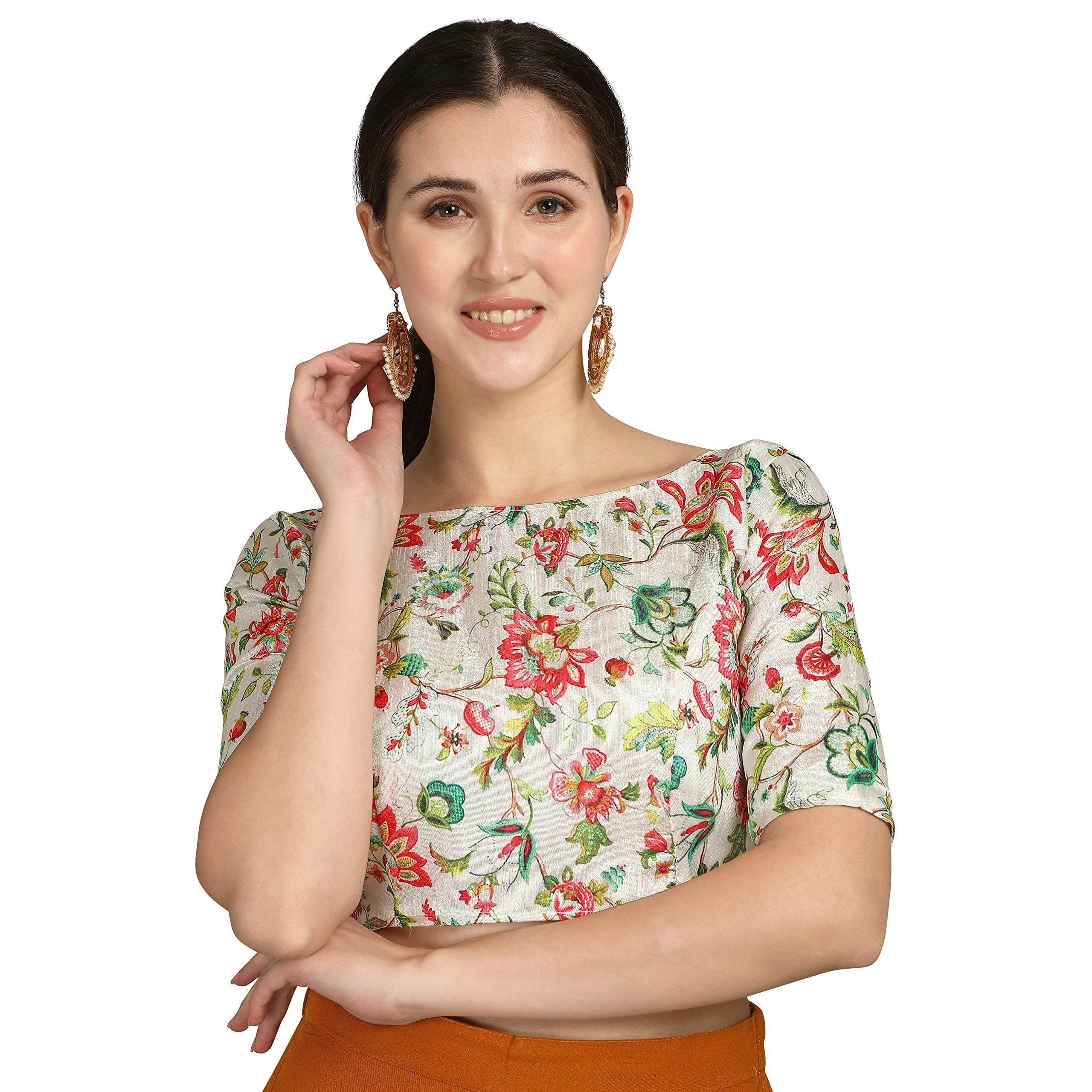 Pujia Mills Women's Banglori Silk Printed Elbow Length Sleeve Blouse (34, White)