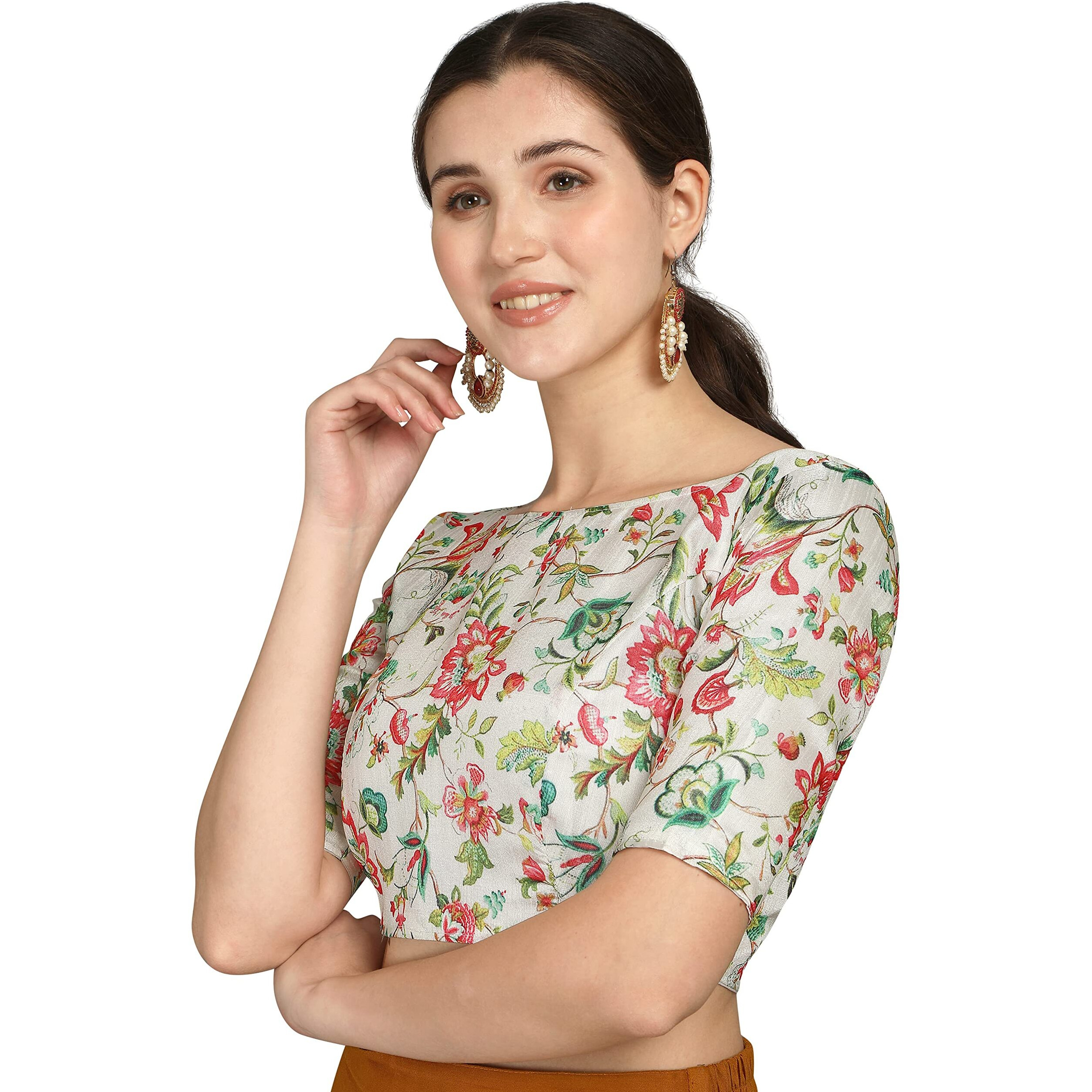 Pujia Mills Women's Banglori Silk Printed Elbow Length Sleeve Blouse (34, White)