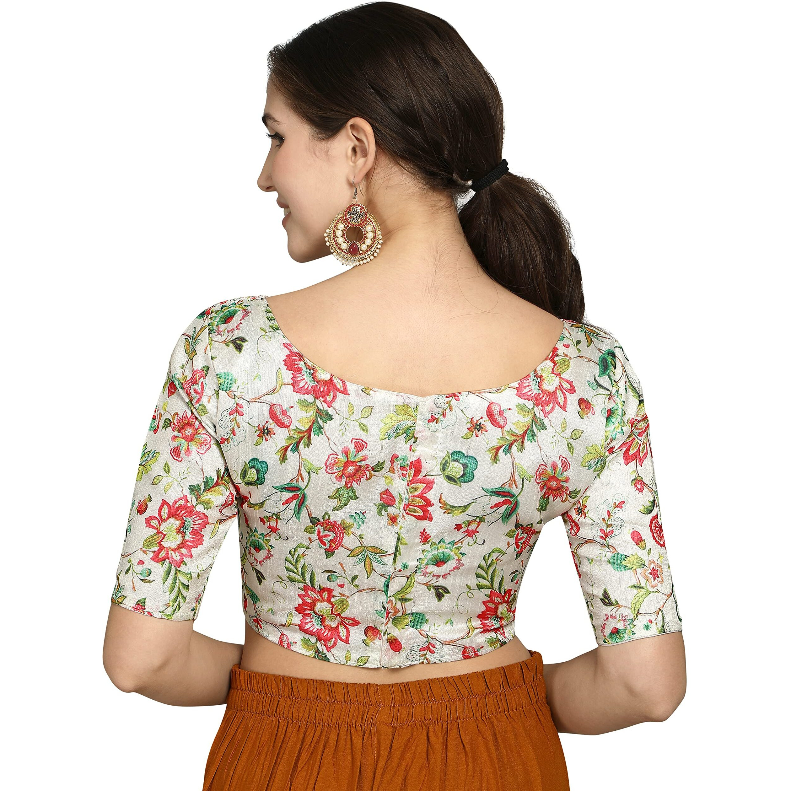 Pujia Mills Women's Banglori Silk Printed Elbow Length Sleeve Blouse (34, White)