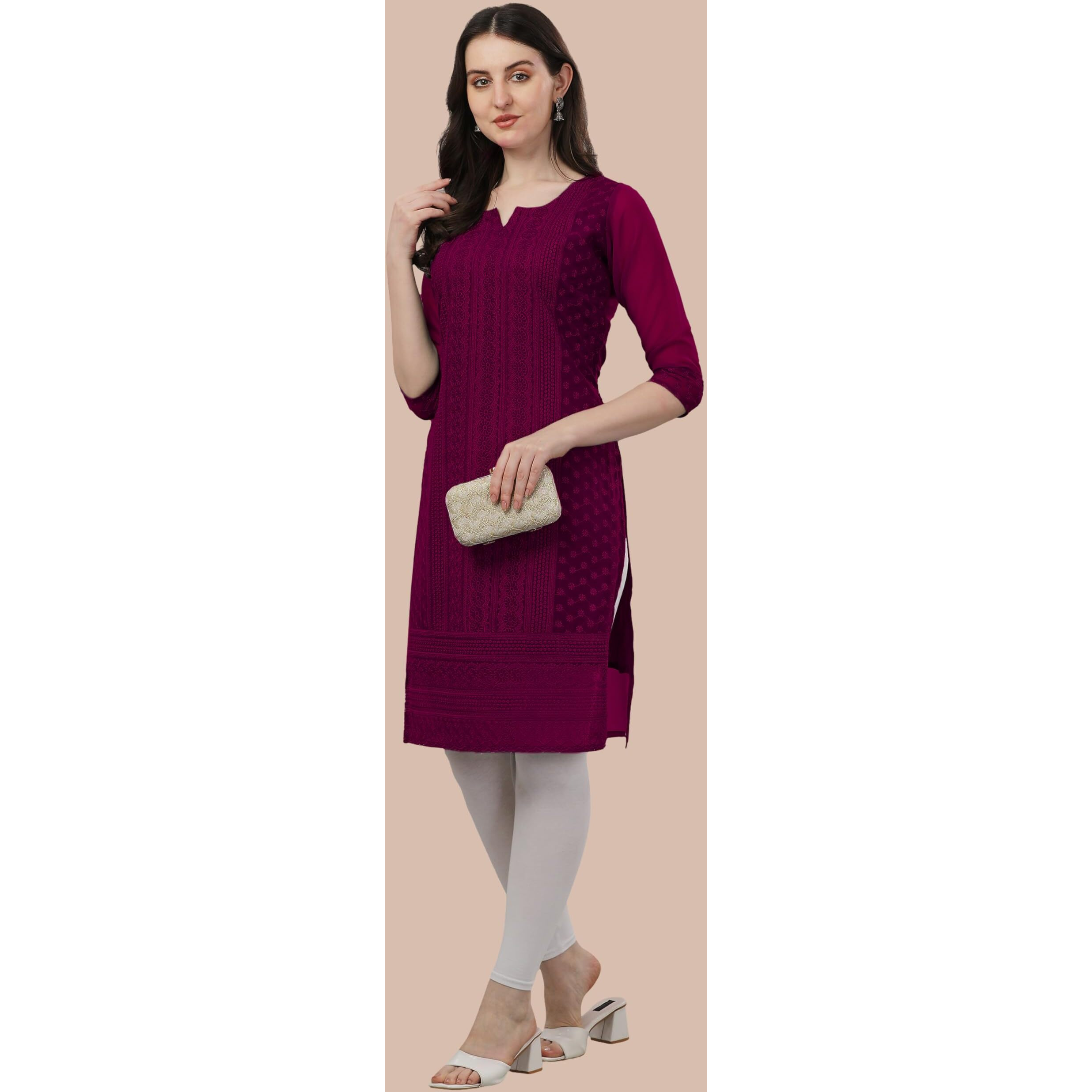 TRILLMIXA Women's Georgette Chikankari Embroidery Knee-Length Kurti for Girls Metallic