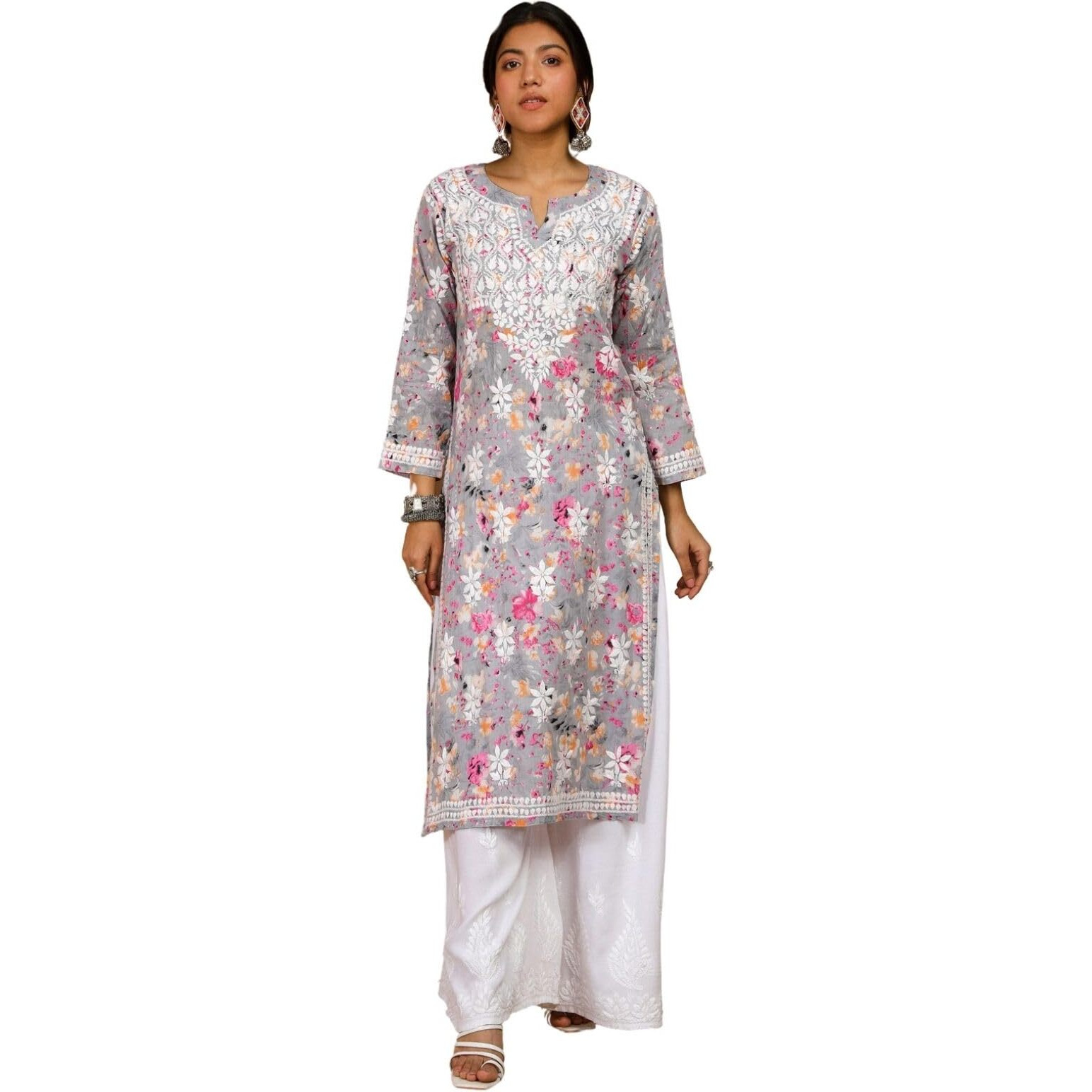 House of Chikankari Women's Cotton Straight Kurta (SE028_Grey & Pink