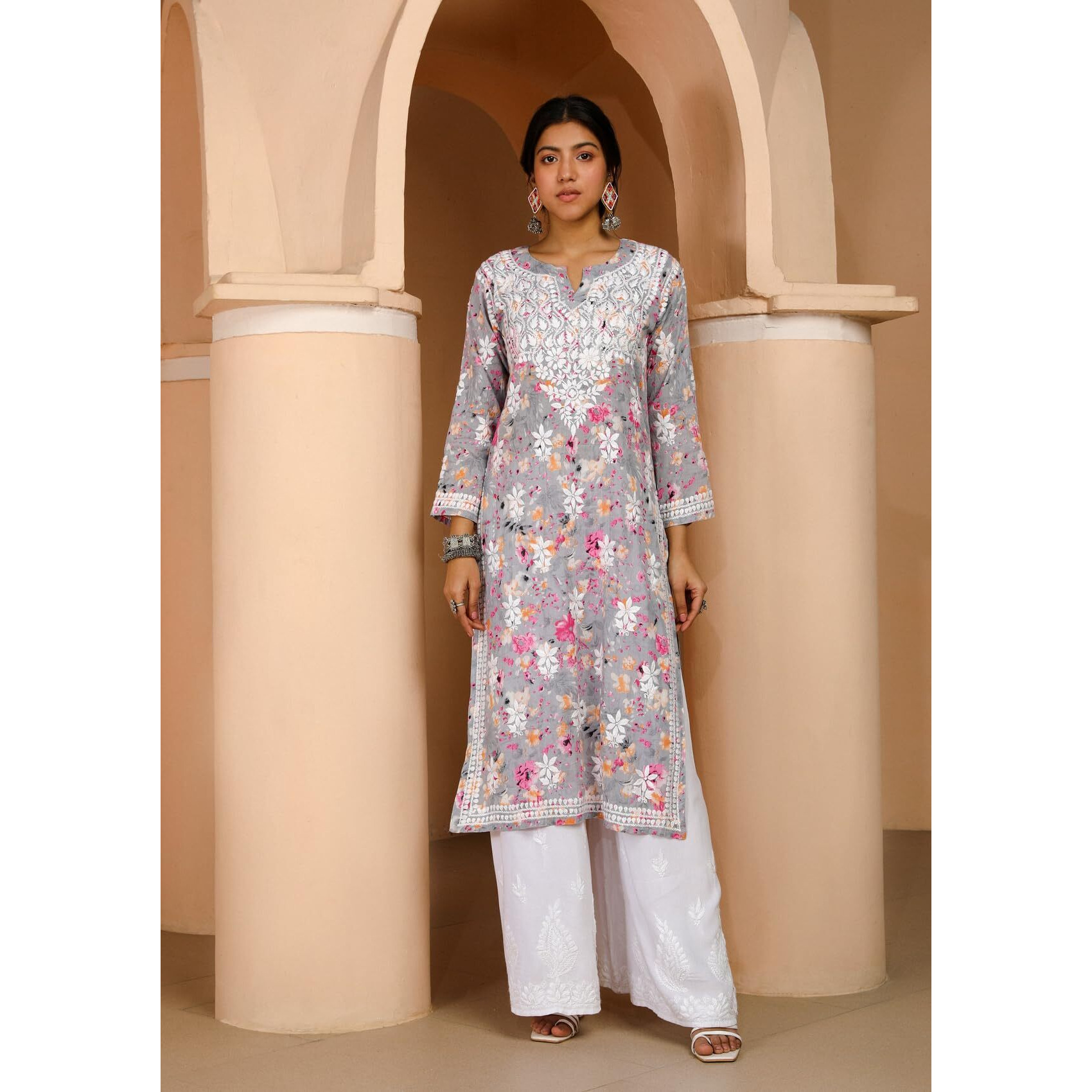 House of Chikankari Women's Cotton Straight Kurta (SE028_Grey & Pink