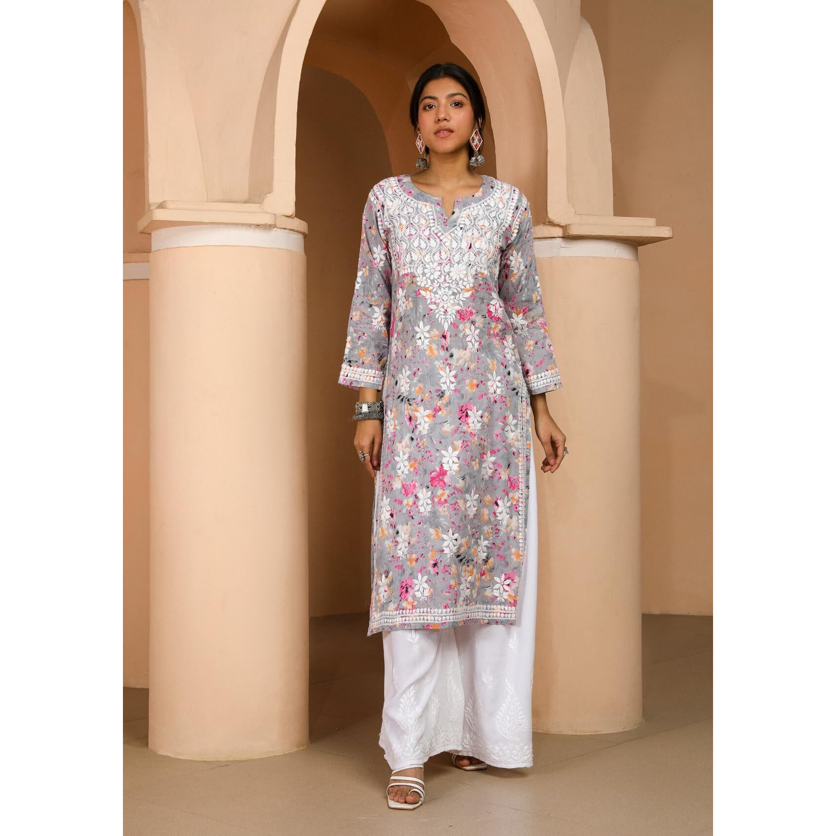 House of Chikankari Women's Cotton Straight Kurta (SE028_Grey & Pink