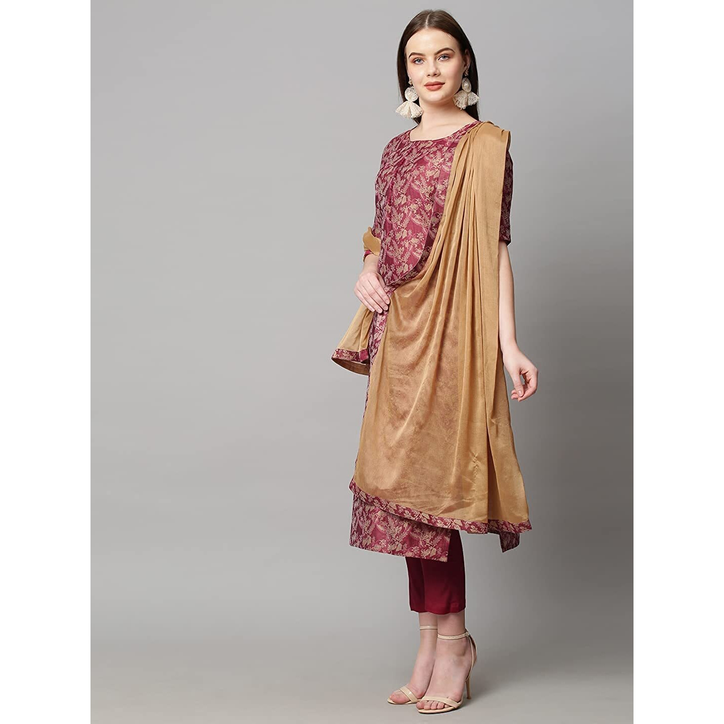 GoSriKi Women's Banarasi Silk Straight Printed Kurta with Pant & Dupatta (Banarsi-Red_M-GS_Red_Medium)