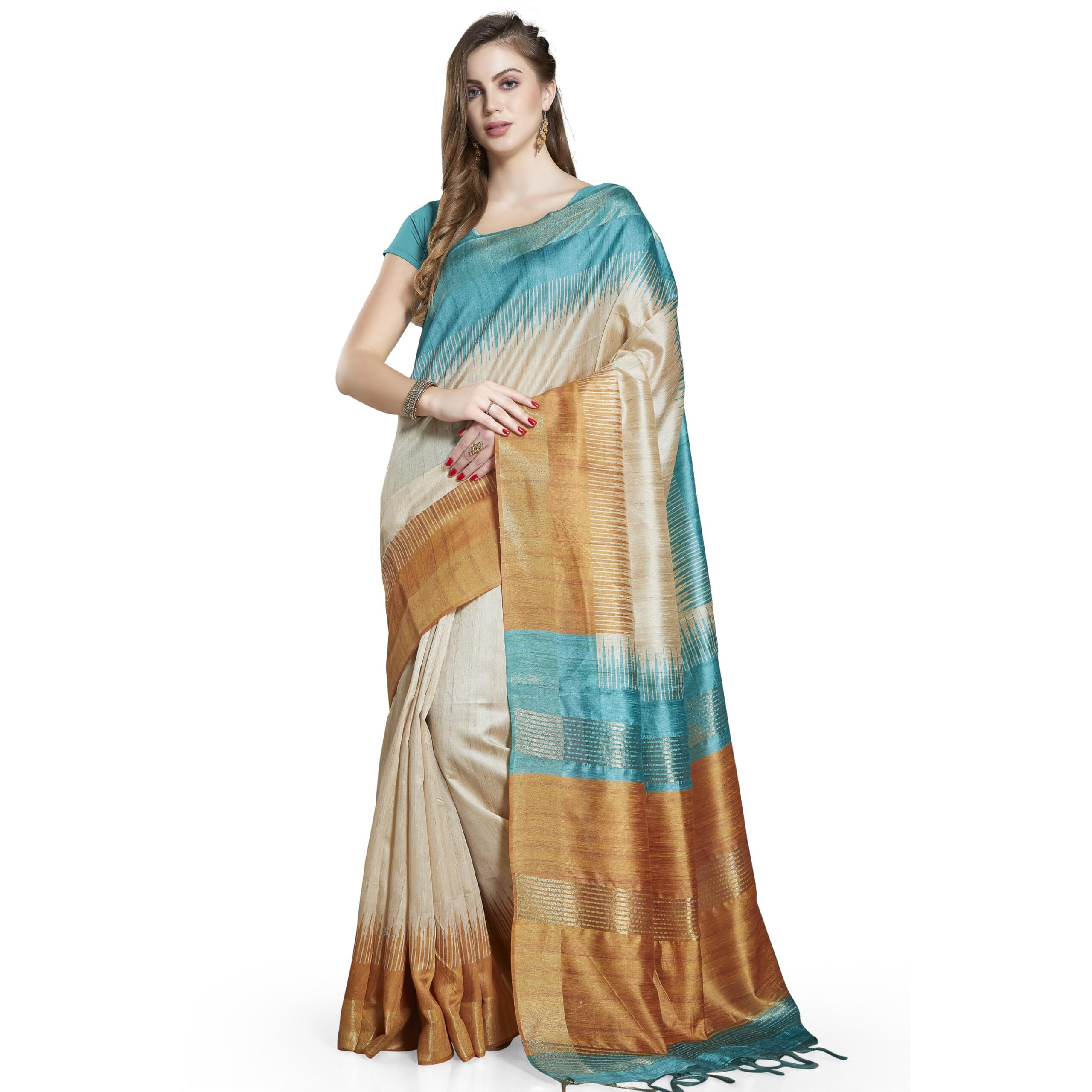 RANI SAAHIBA Women's Printed Art Tussar Silk Zari Border Saree With Blouse Piece (SKR11618_Beige-Mustard)