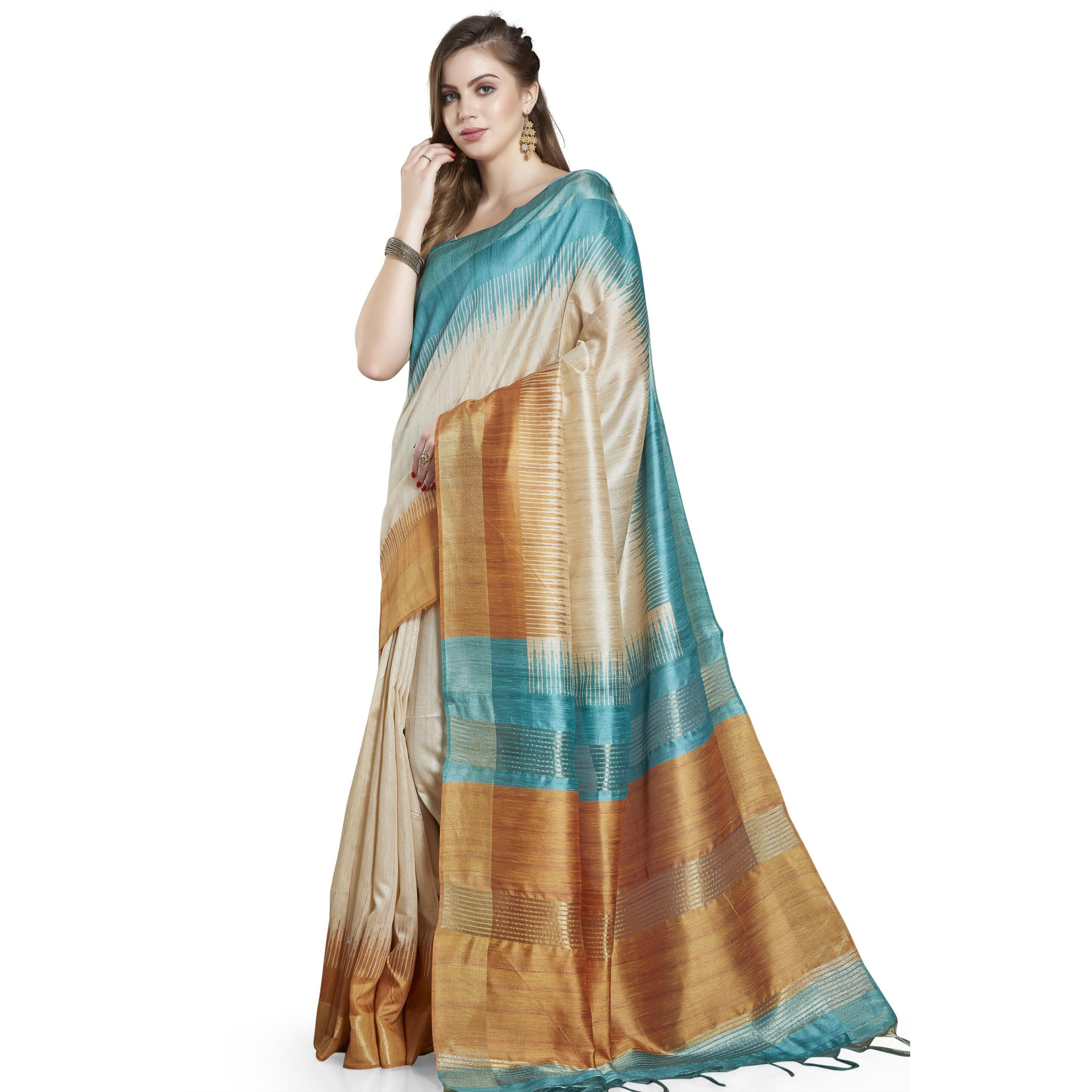 RANI SAAHIBA Women's Printed Art Tussar Silk Zari Border Saree With Blouse Piece (SKR11618_Beige-Mustard)