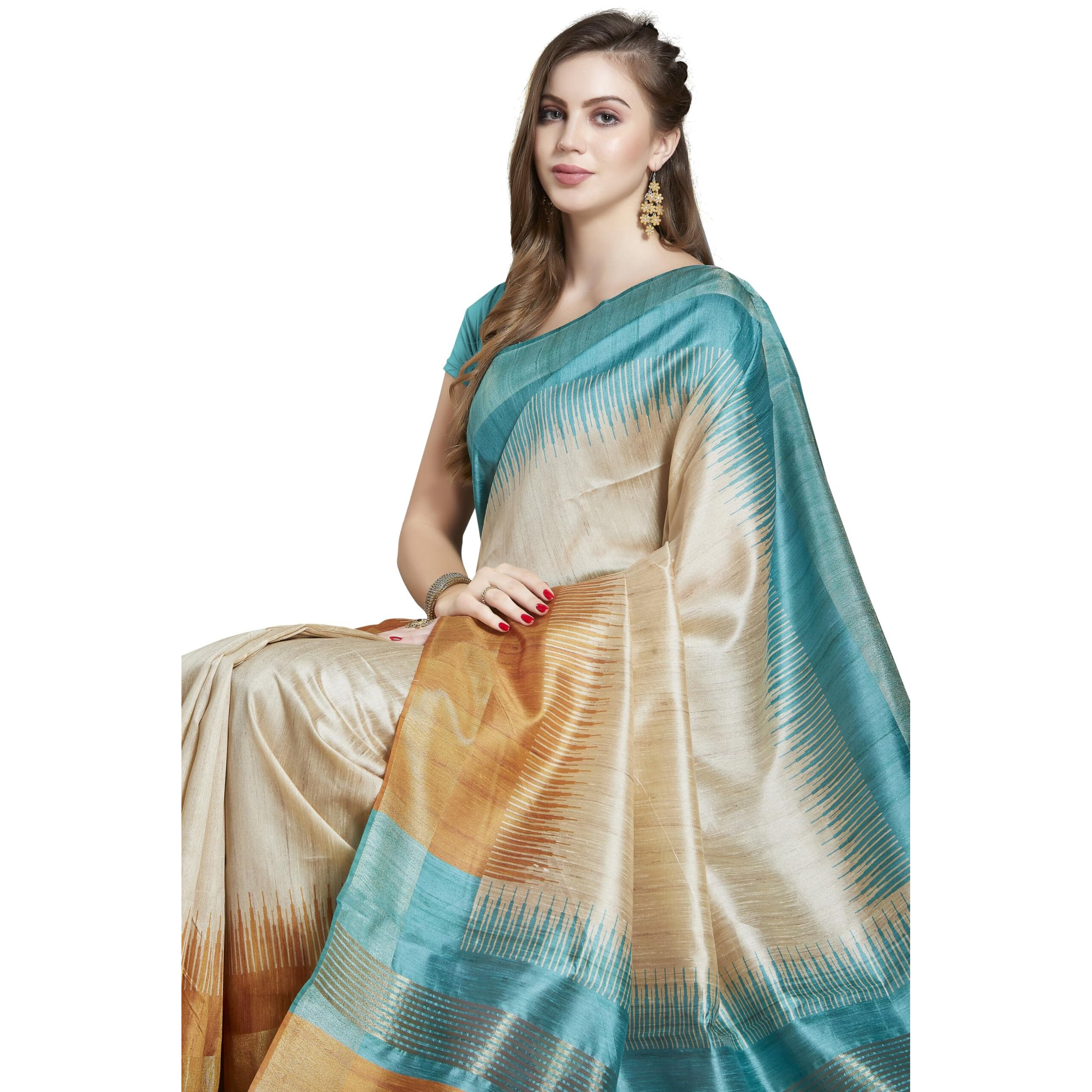 RANI SAAHIBA Women's Printed Art Tussar Silk Zari Border Saree With Blouse Piece (SKR11618_Beige-Mustard)