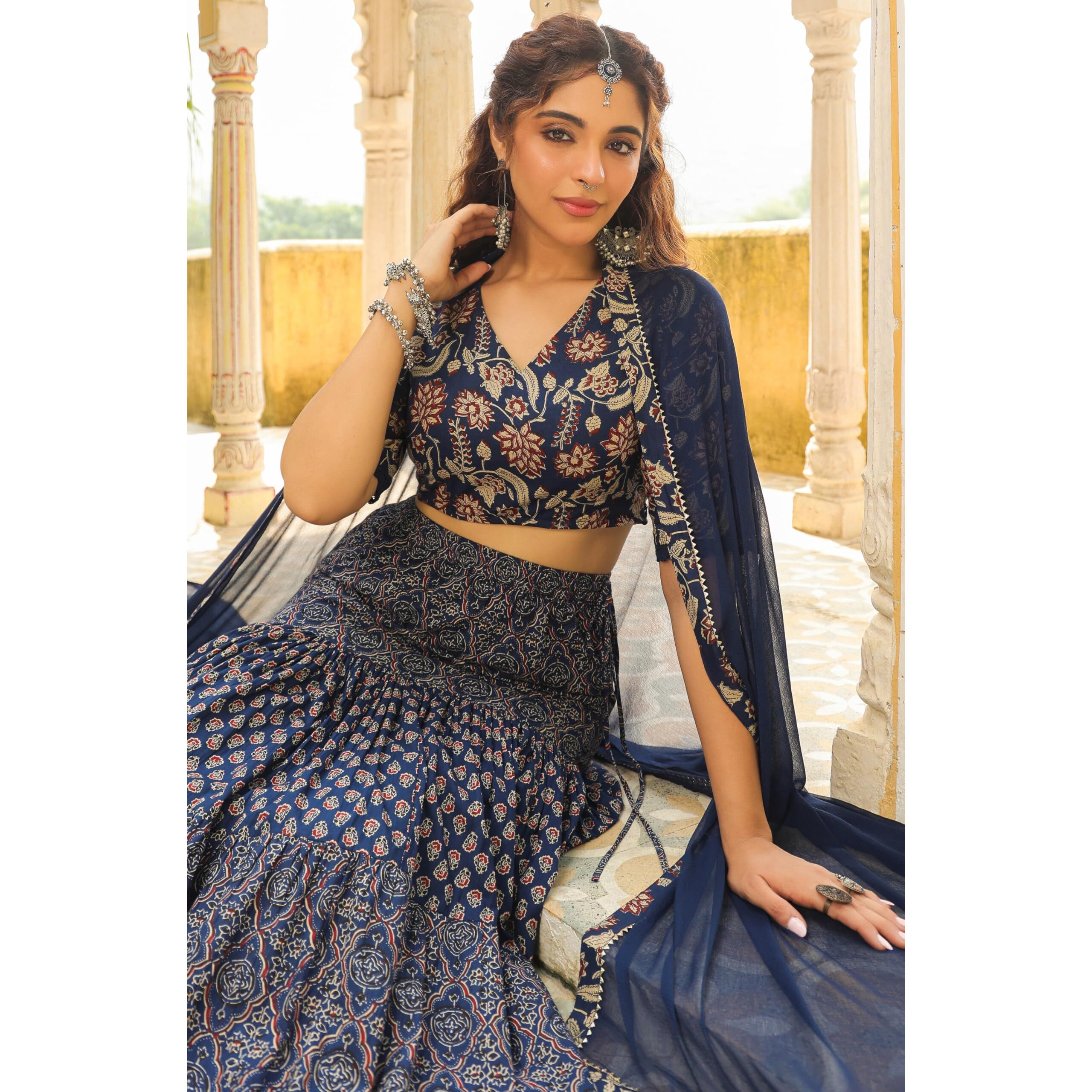 Janasya Women's Dark Blue Pure Cotton Ethnic Motifs Printed Tiered Ready To Wear Lehenga Choli Set (JAB24LC00739-A-XXL)