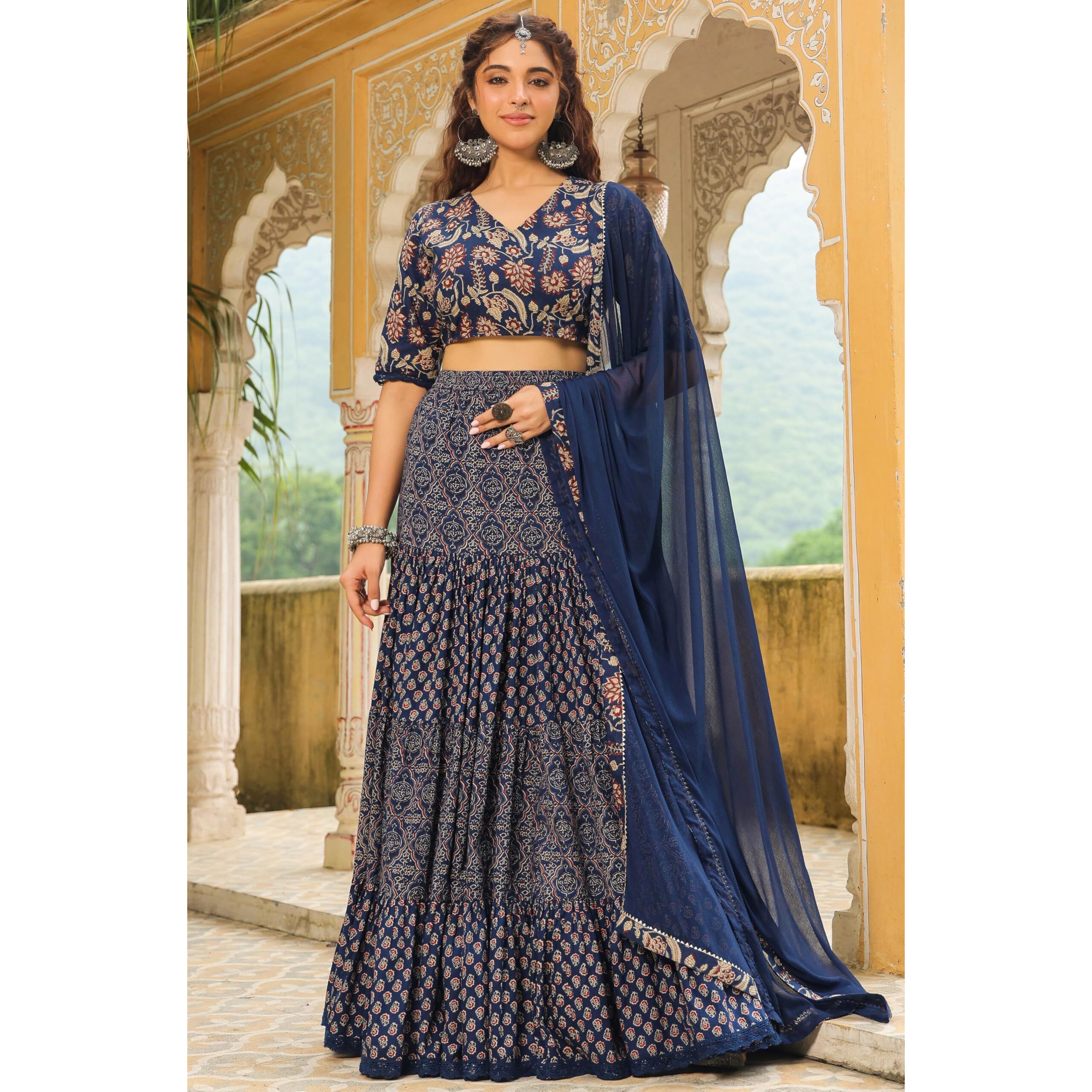 Janasya Women's Dark Blue Pure Cotton Ethnic Motifs Printed Tiered Ready To Wear Lehenga Choli Set (JAB24LC00739-A-XXL)