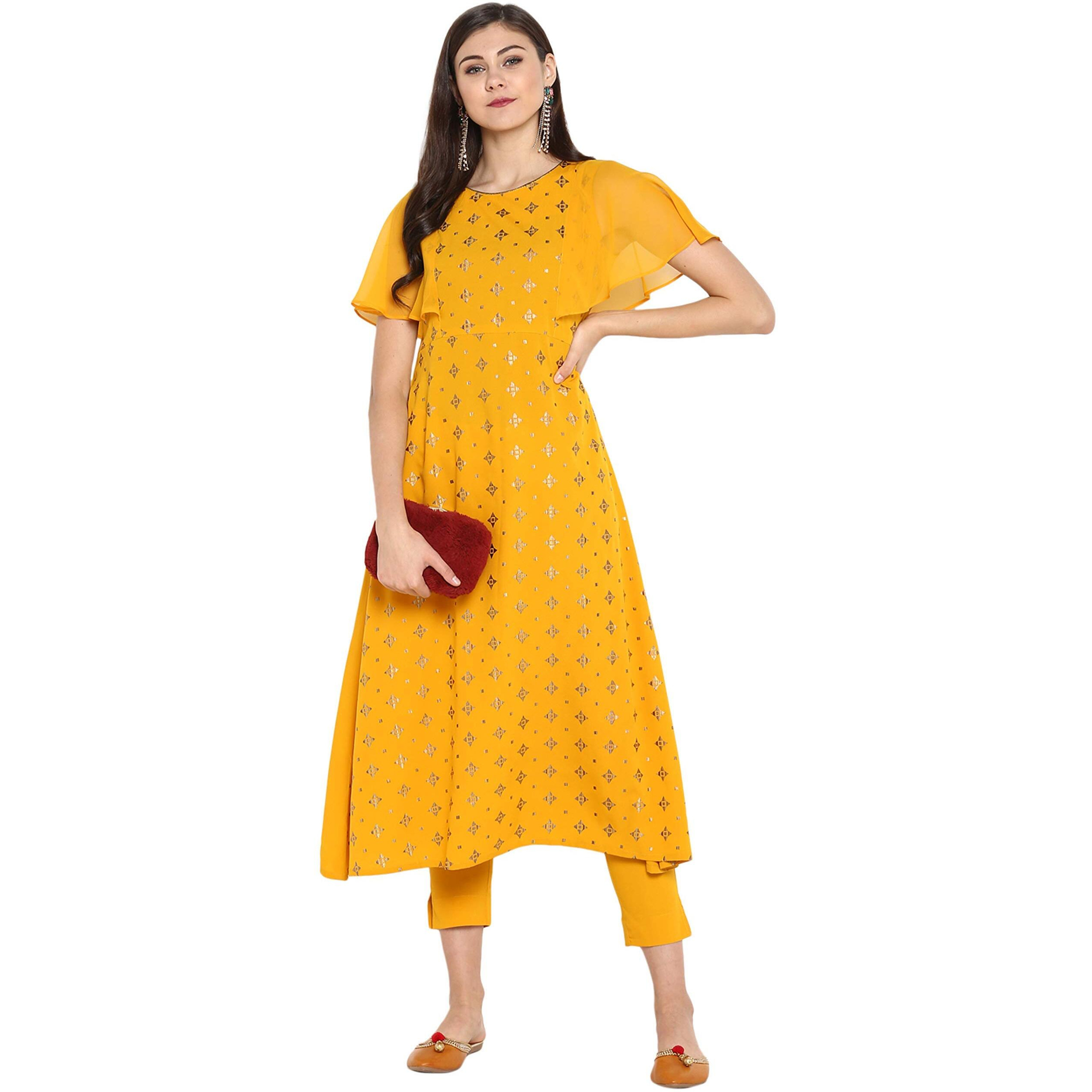 Janasya Women's Mustard Poly Crepe A-Line Kurta with Pant(Mustard_XXX-Large)