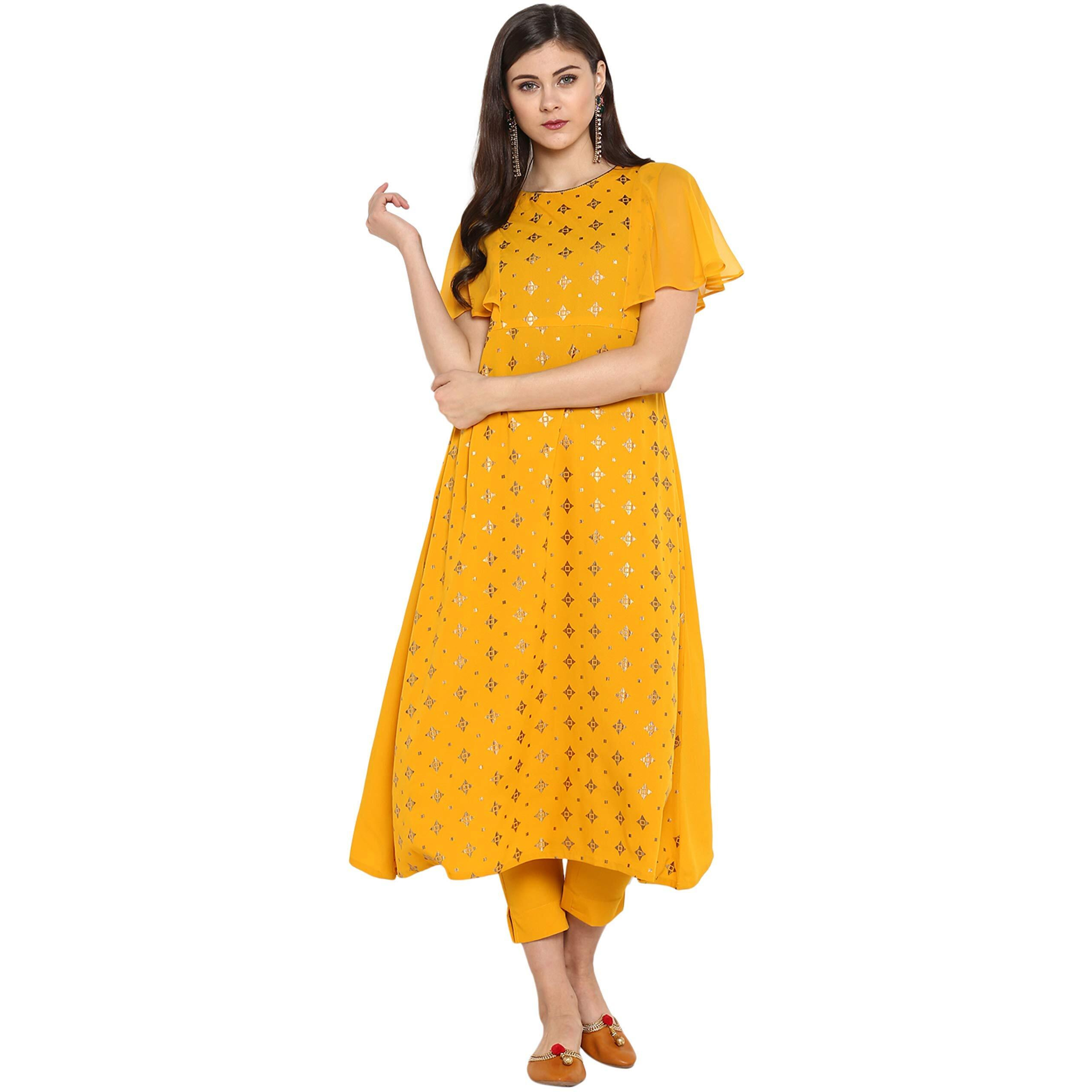 Janasya Women's Mustard Poly Crepe A-Line Kurta with Pant(Mustard_XXX-Large)