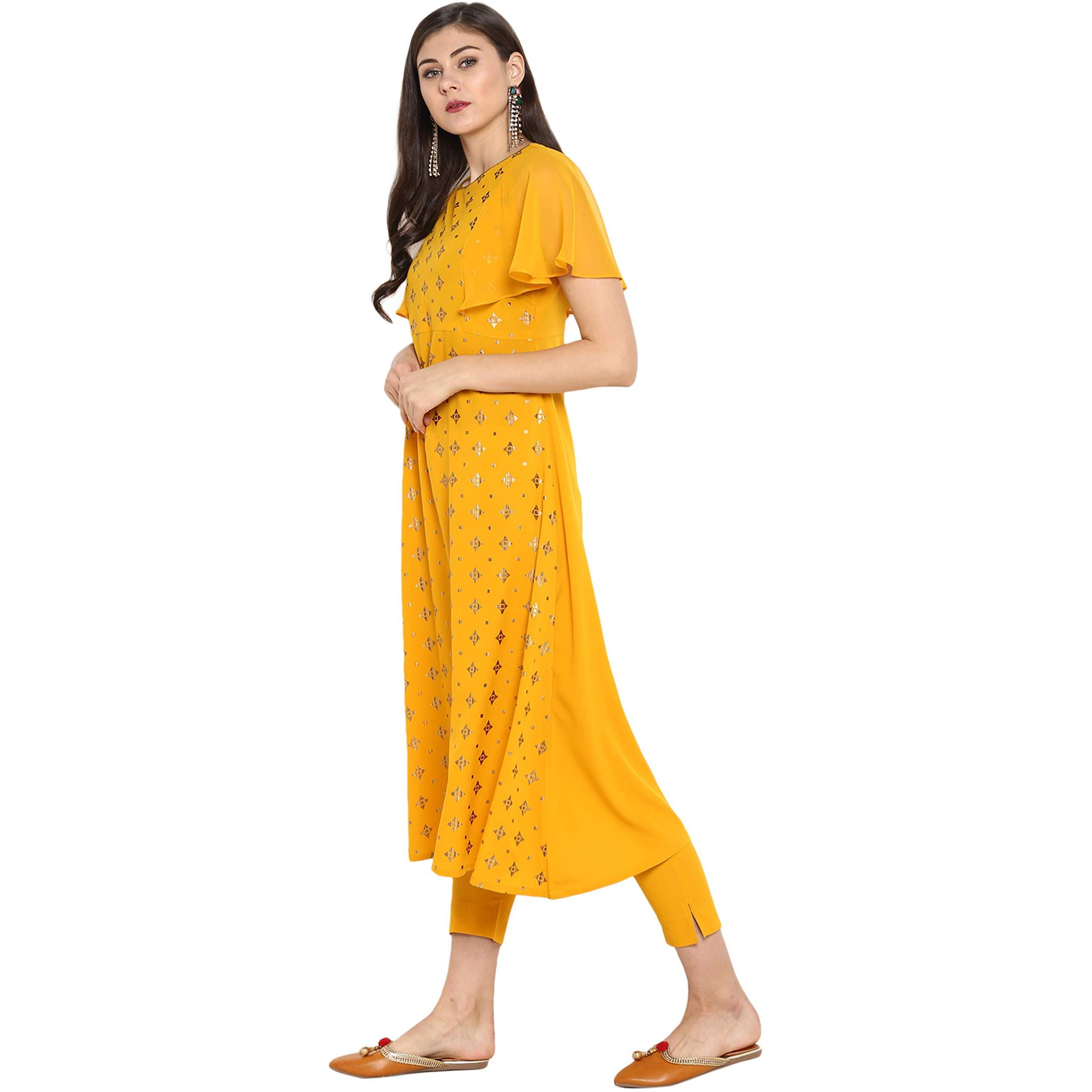Janasya Women's Mustard Poly Crepe A-Line Kurta with Pant(Mustard_XXX-Large)