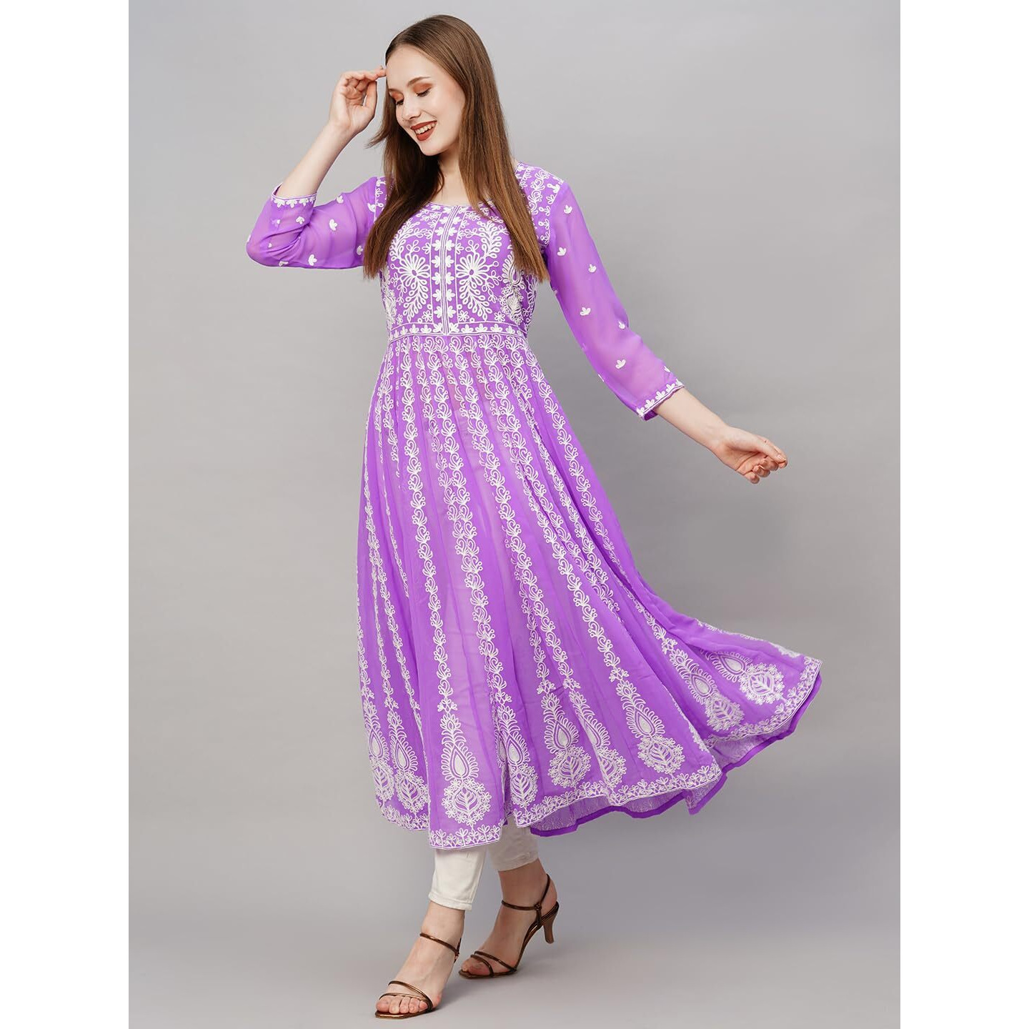 ANNI DESIGNER Women's Georgette Chikankari Embroidered Anarkali Kurti (Kari Purple-GRT_XXL_Purple_XX-Large)