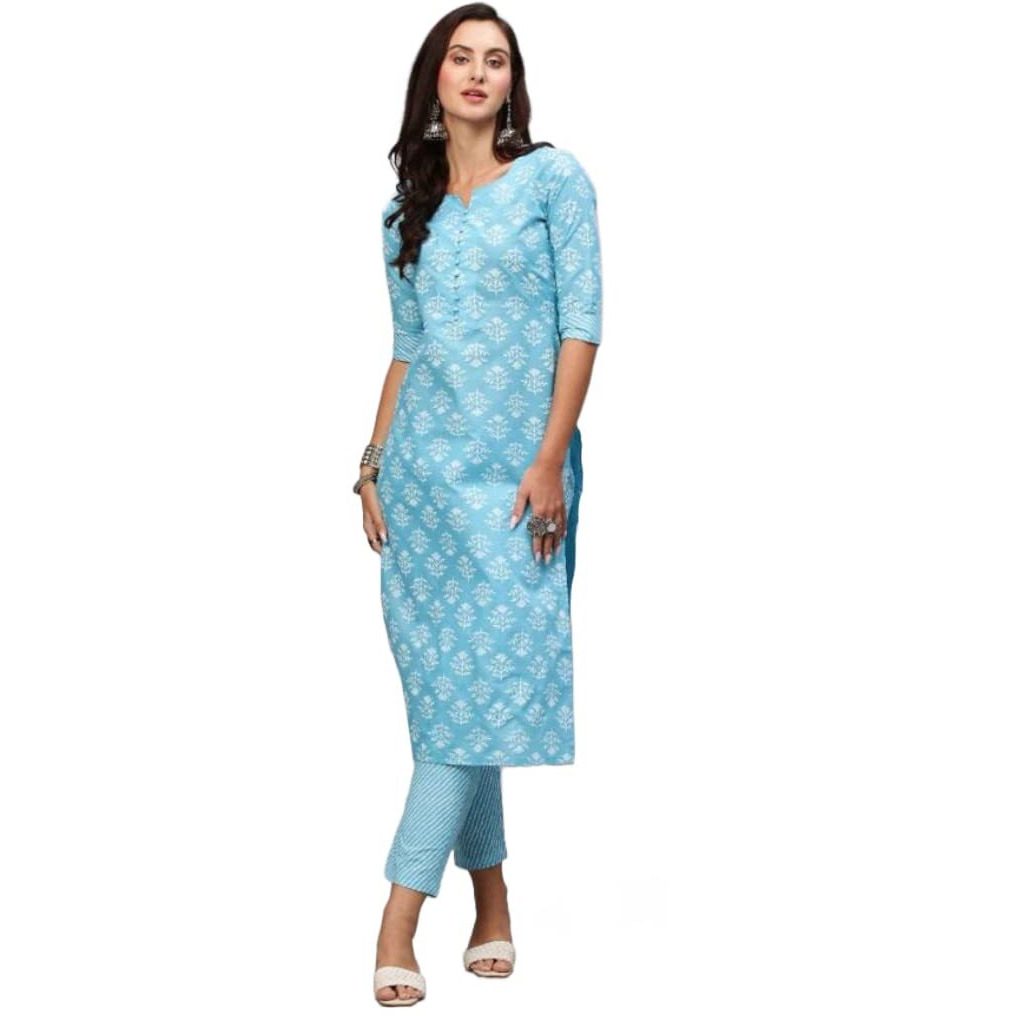 ANNI DESIGNER Women's Cotton Blend Printed Straight Kurta with Pant (KIDYA BLUE-NwFB08_XL_Blue_X-Large)