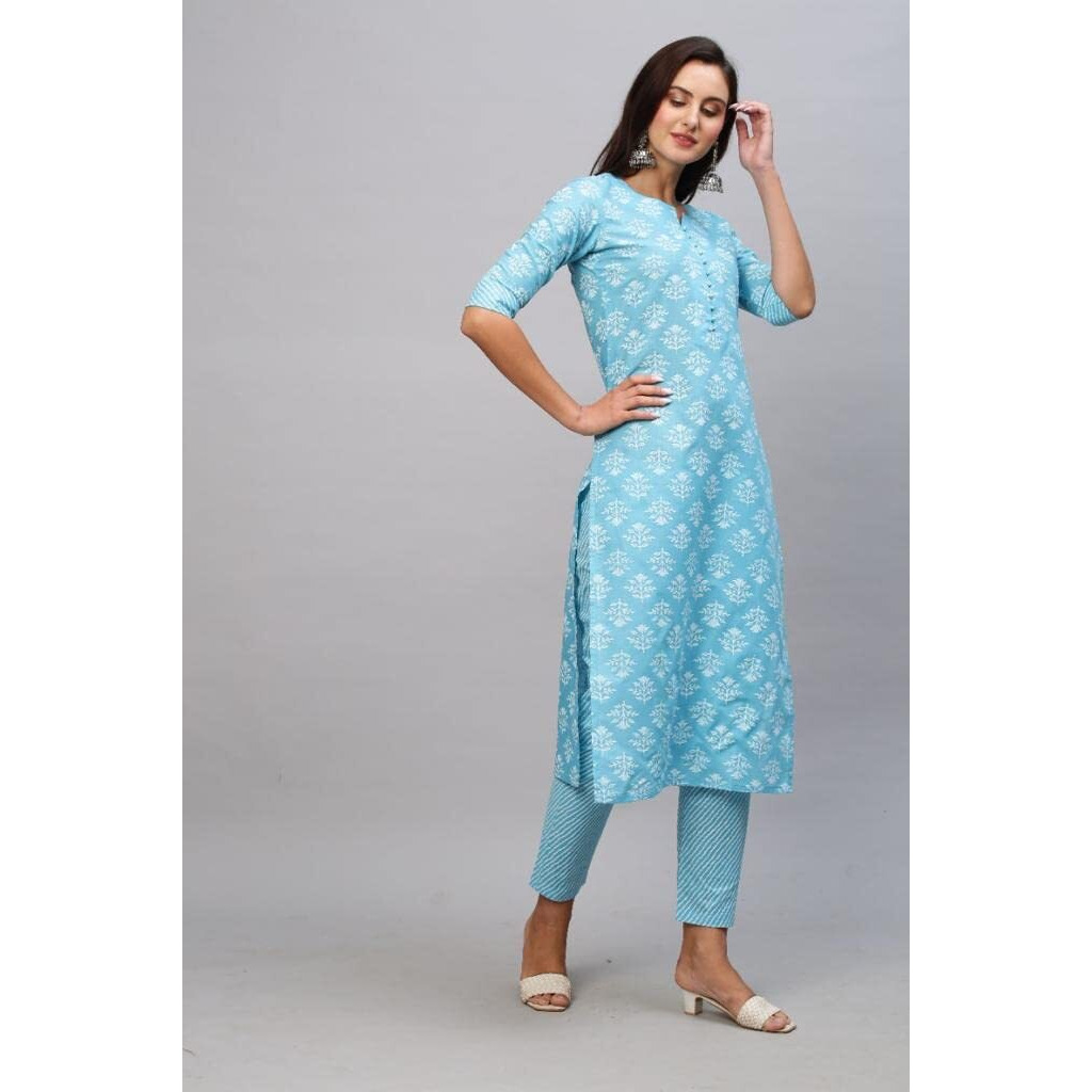 ANNI DESIGNER Women's Cotton Blend Printed Straight Kurta with Pant (KIDYA BLUE-NwFB08_XL_Blue_X-Large)