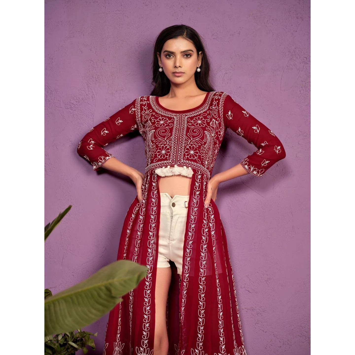 Youthnic Women's Georgette Chikankari Embroidered Kurti (Cherry)
