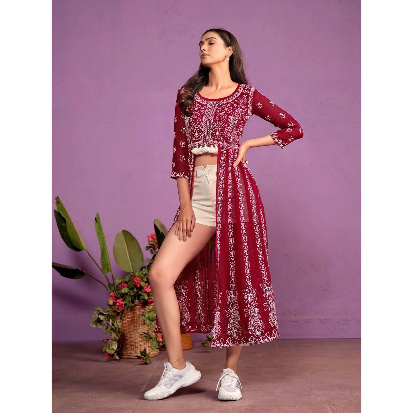 Youthnic Women's Georgette Chikankari Embroidered Kurti (Cherry)