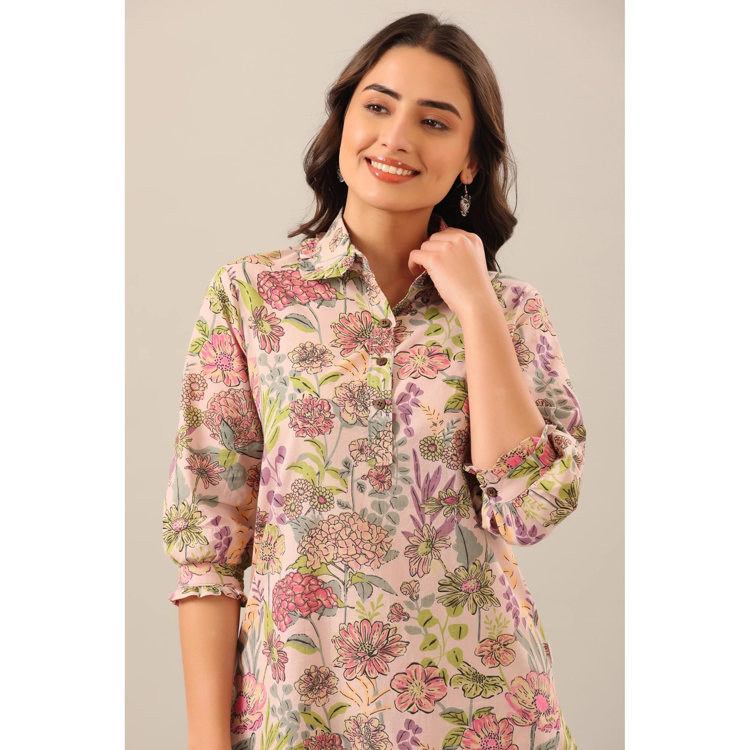 KLOSIA Women Kurta Set for Women | Co-ords Set | Kurta Pant Set | Coordinate Set | Casual Kurta Set | Summer Suit | Printed Short Kurti with Pant Set | (X-Large) Peach
