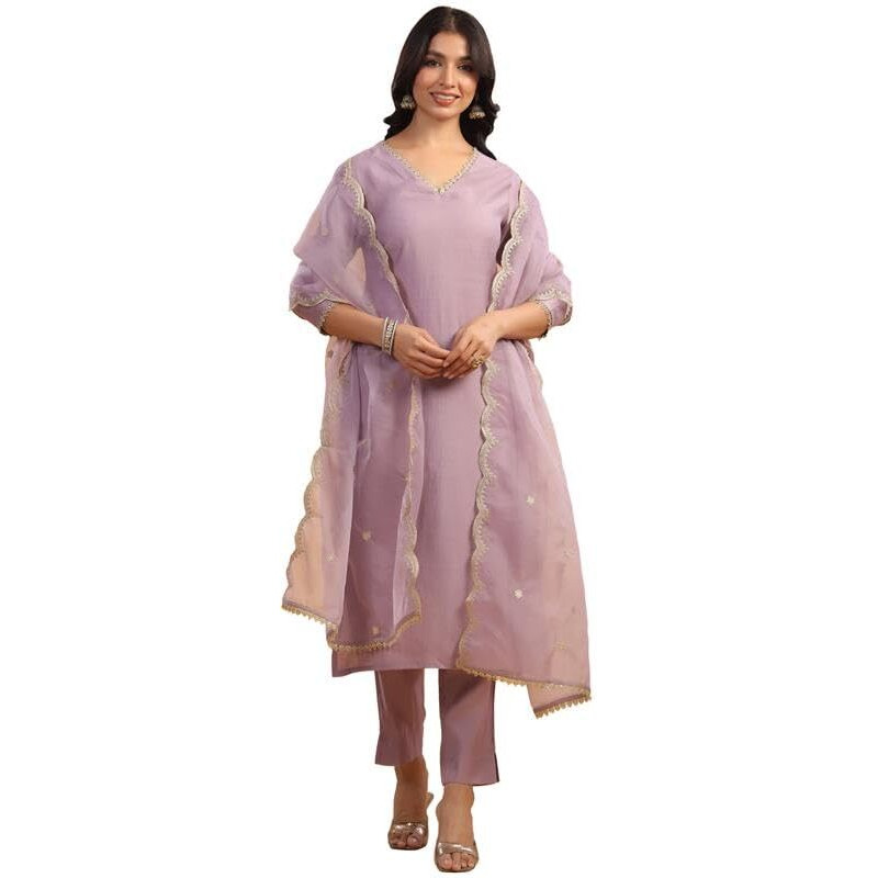 Janasya Women's Lavender Chanderi Silk Emabellished Straight Kurta Set (JAC24ST01175-XL)