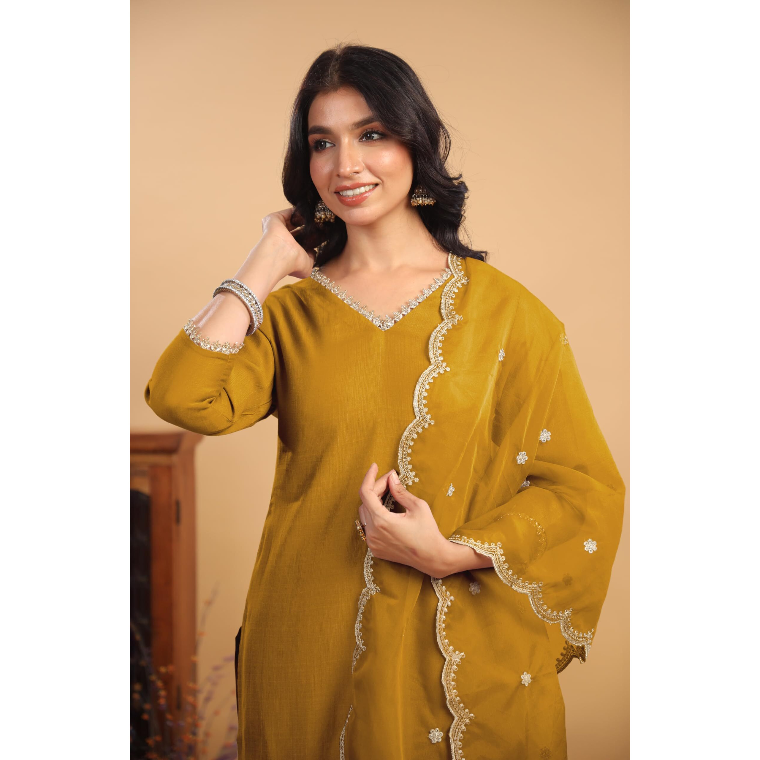 Janasya Women's Mustard Chanderi Silk Embellished Straight Kurta Set (JAC24ST01179-2XL)