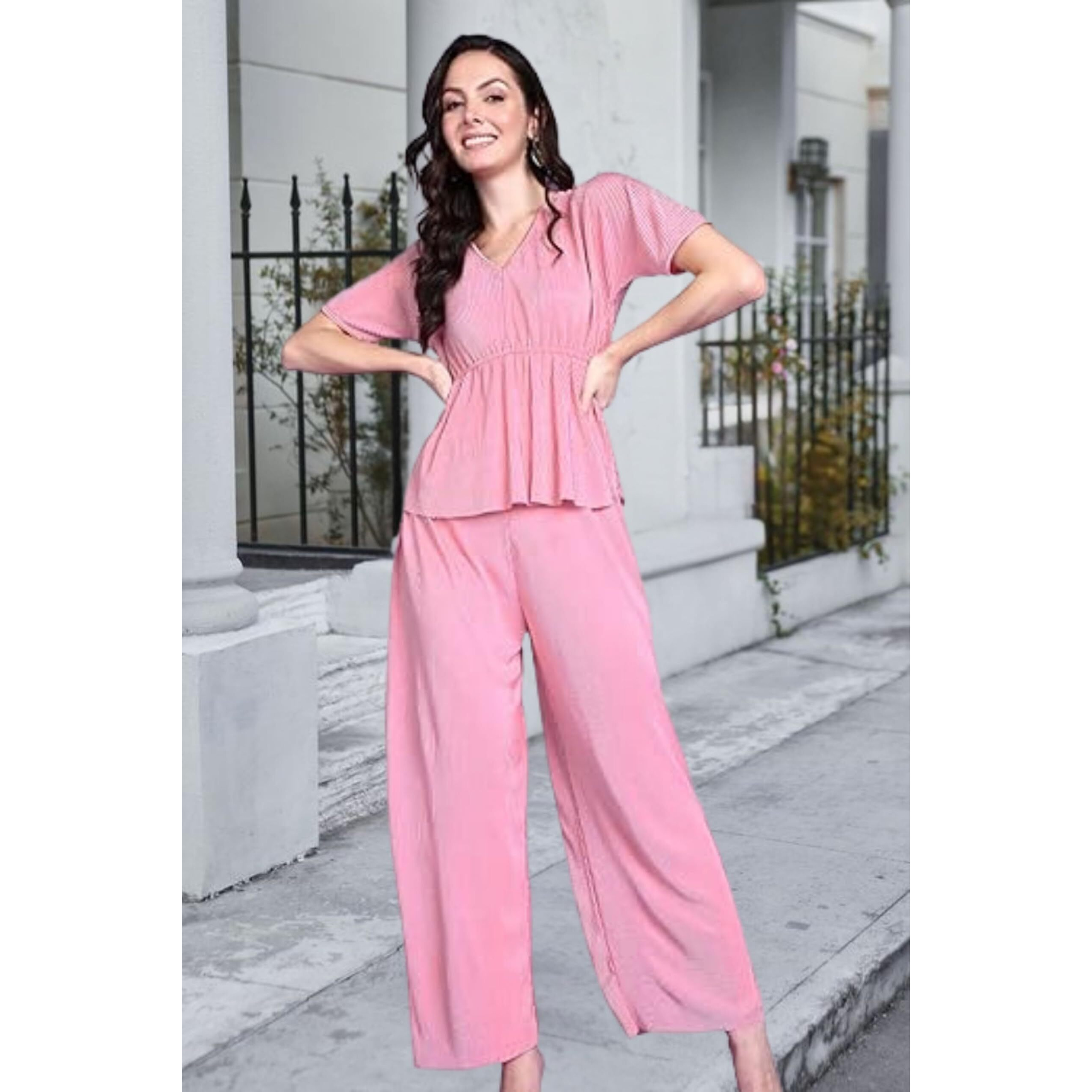 POPWINGS Casual Solid Wrinkle Peplum Top and Palazzo Co-Ord Set for Women | Stylish Western Co-ord Set for Summer | Top and Palazzo Set for Women Pink