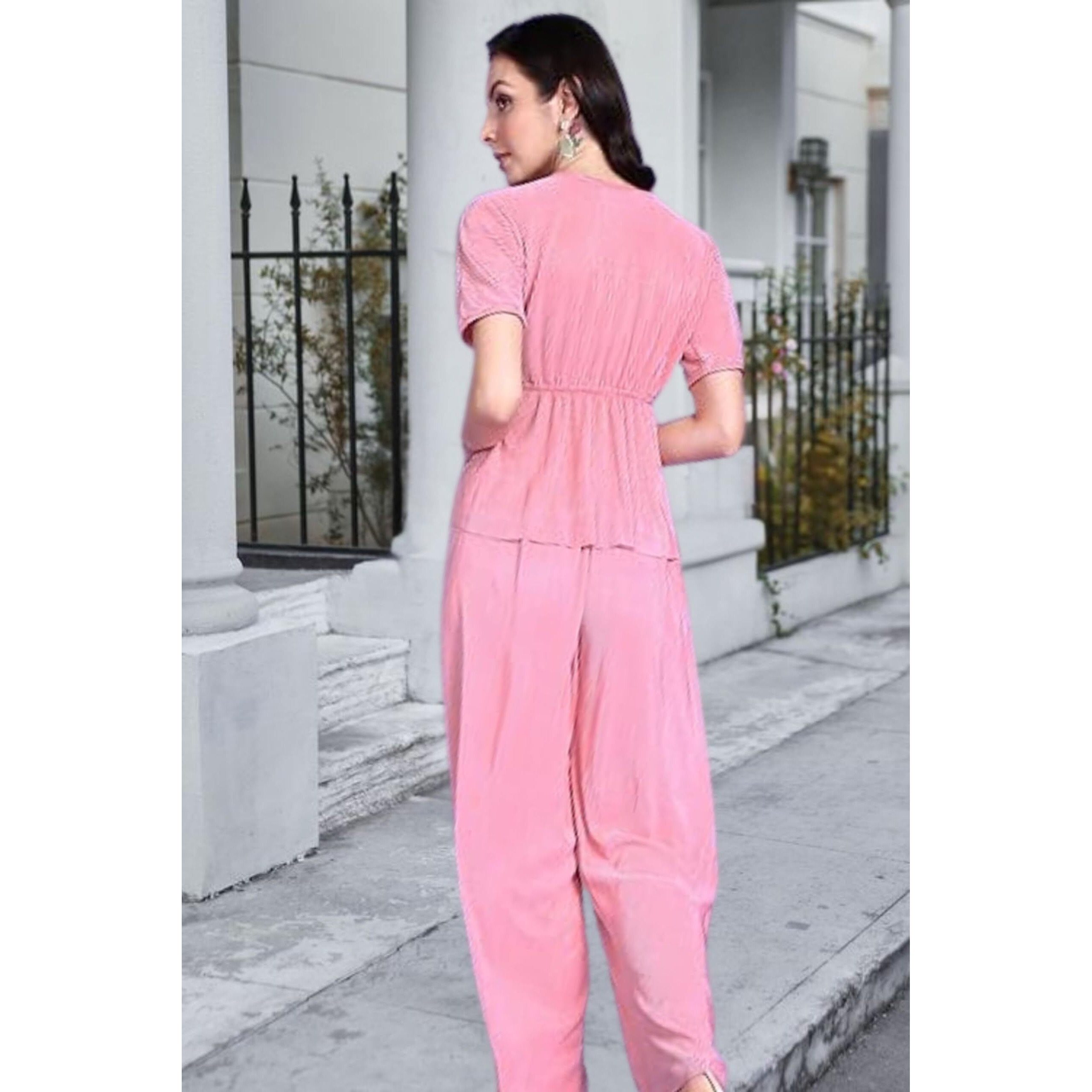 POPWINGS Casual Solid Wrinkle Peplum Top and Palazzo Co-Ord Set for Women | Stylish Western Co-ord Set for Summer | Top and Palazzo Set for Women Pink