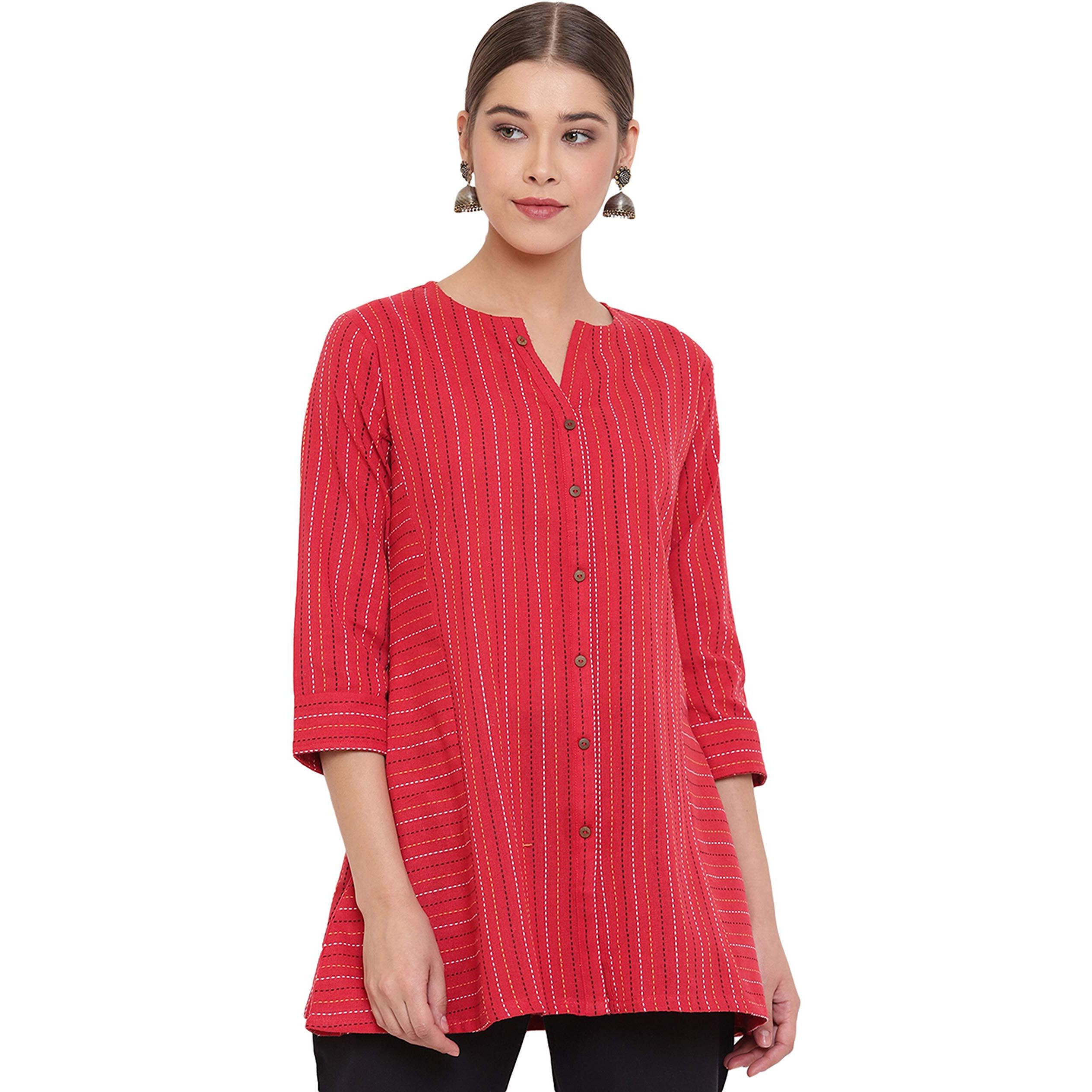 Janasya Women's Red Cotton Woven Design A-Line Top(J0118-TP-J-XXL)