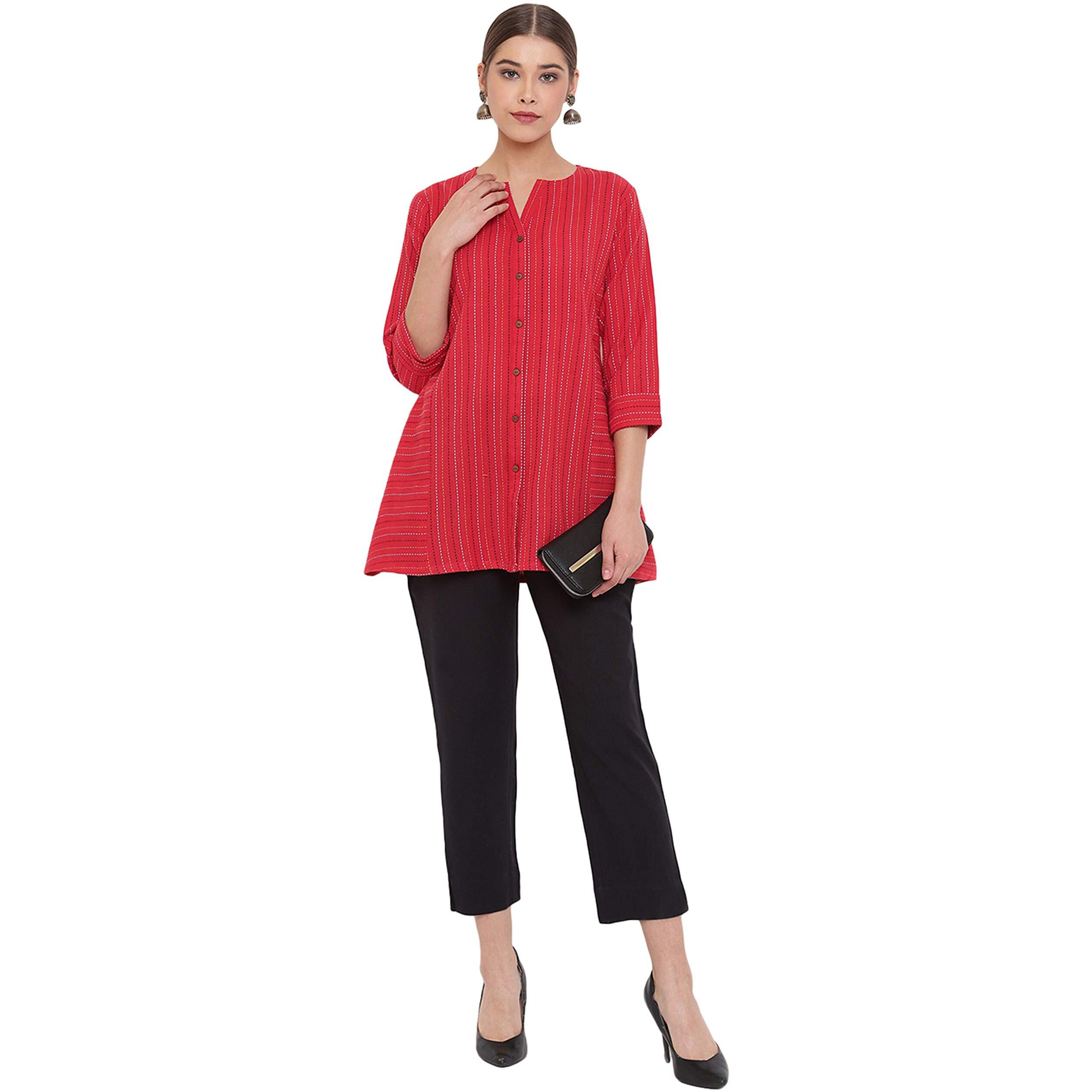 Janasya Women's Red Cotton Woven Design A-Line Top(J0118-TP-J-XXL)