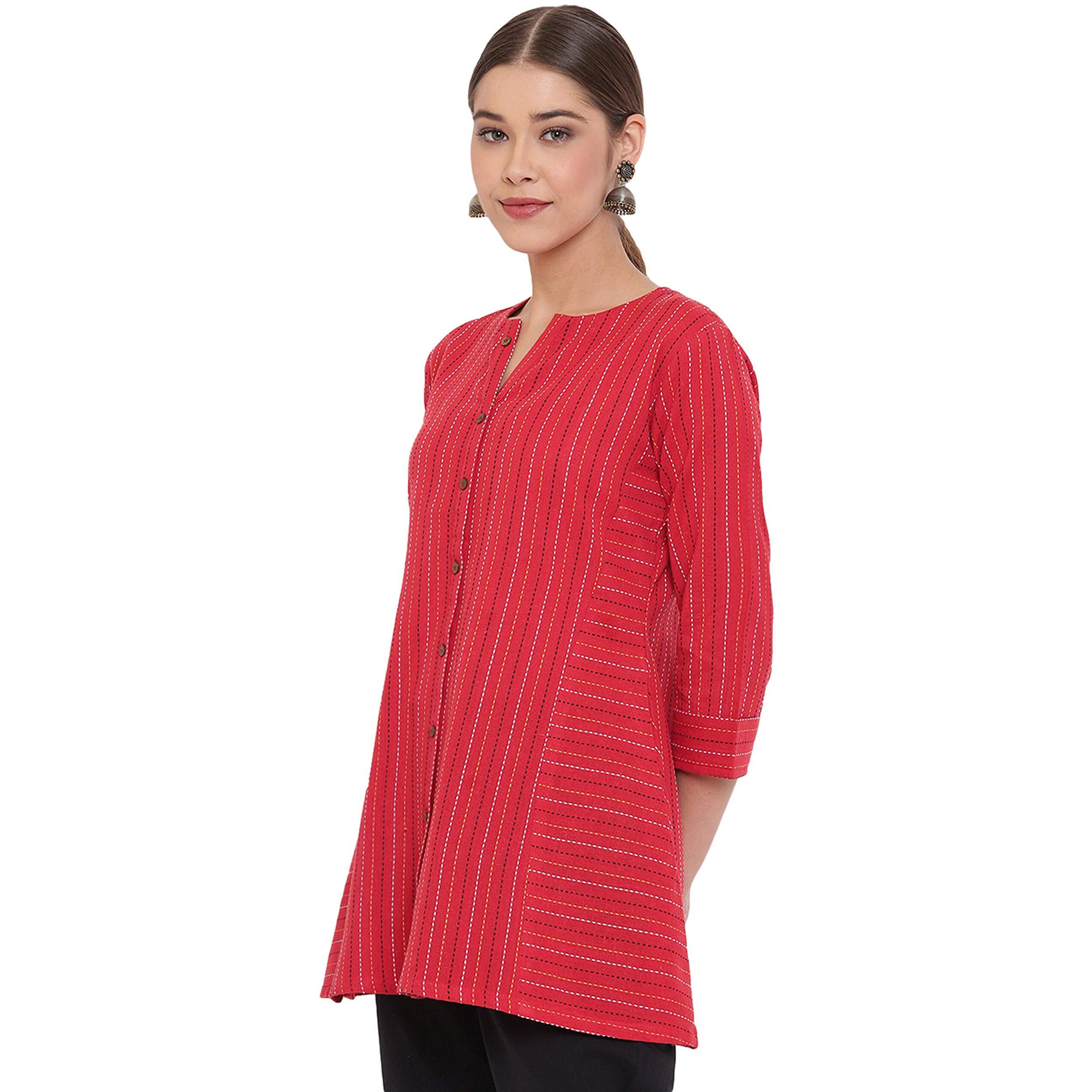 Janasya Women's Red Cotton Woven Design A-Line Top(J0118-TP-J-XXL)